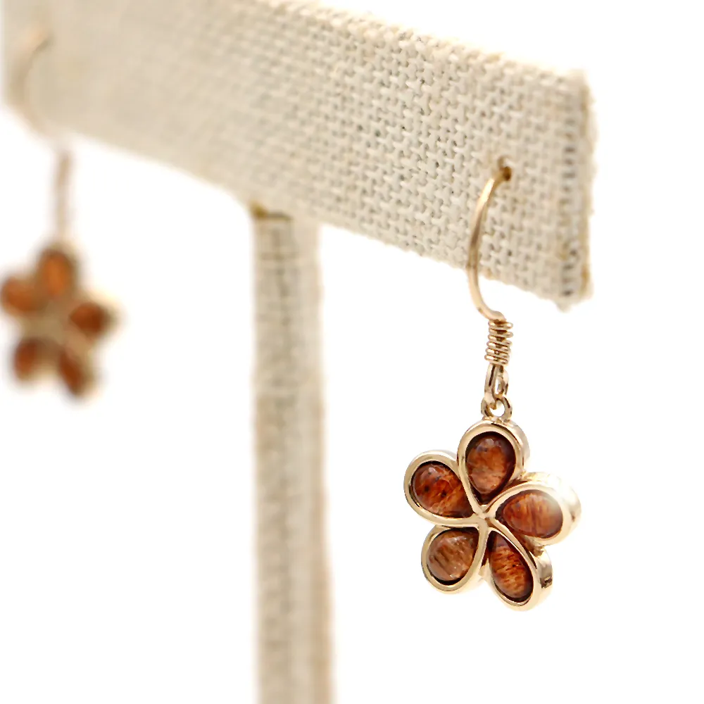 14k Gold Plumeria Hawaiian Koa Inlay Earrings