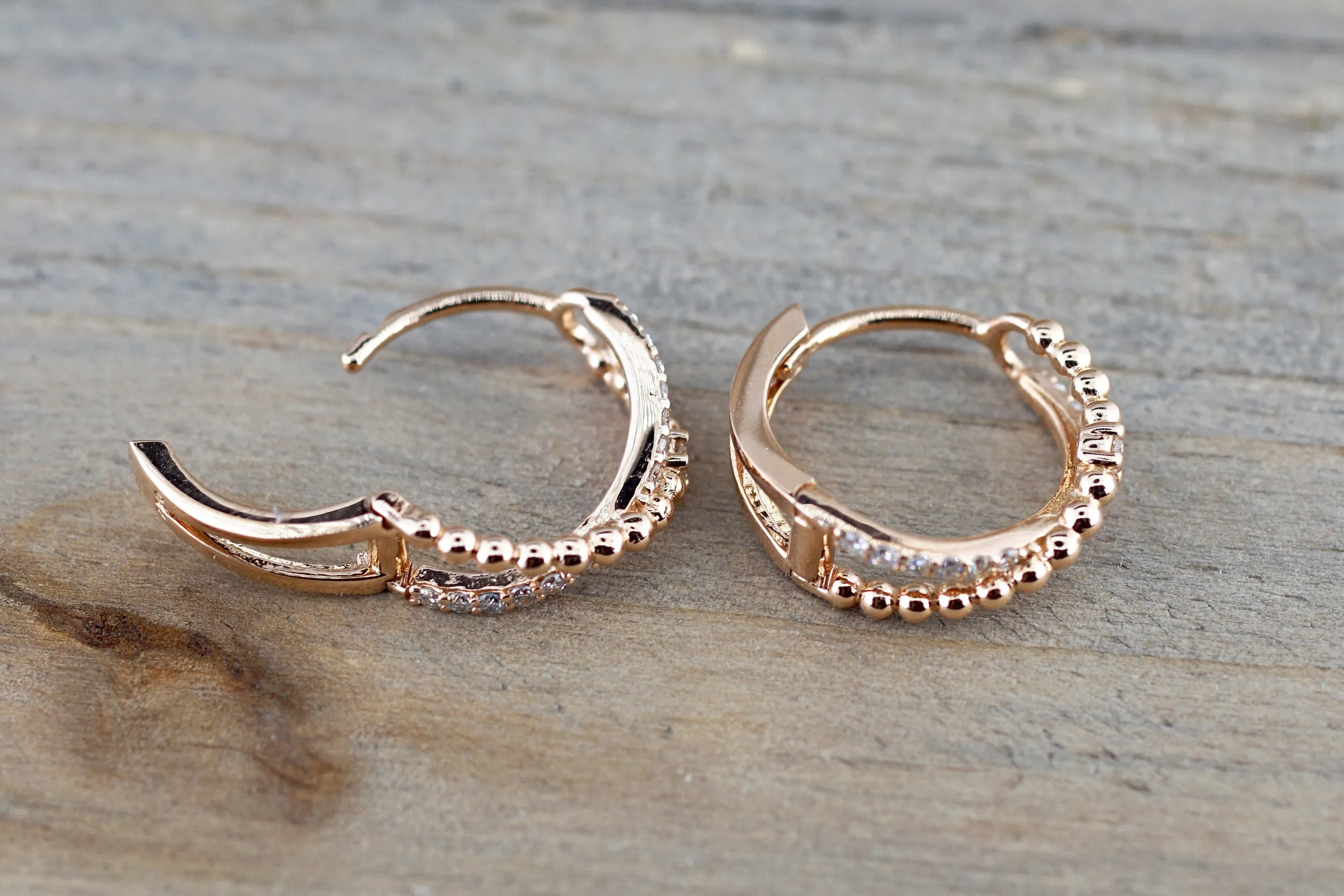 14k Rose Gold Diamond Rope Hoop Earrings