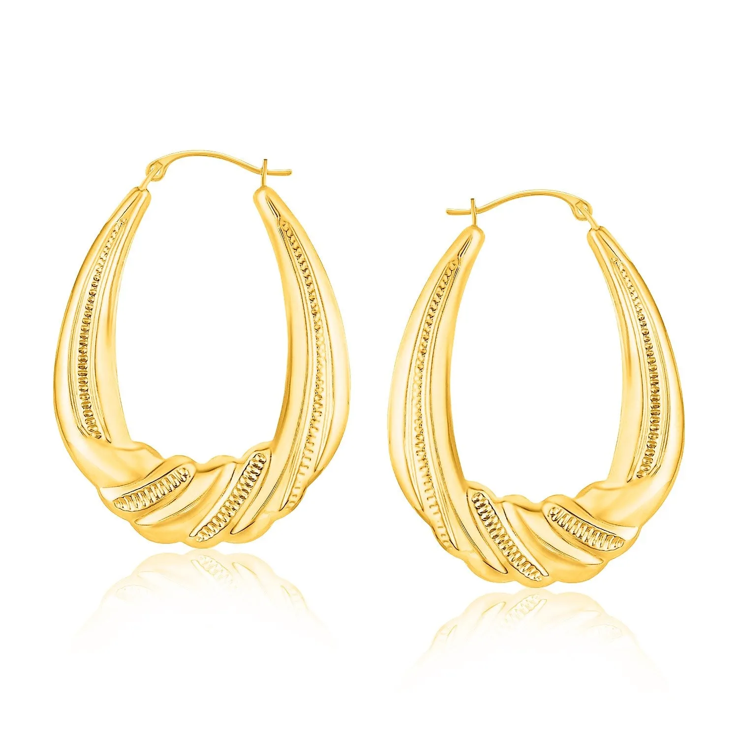 14k Yellow Gold Graduated Textured Oval Hoop Earrings-rx86508