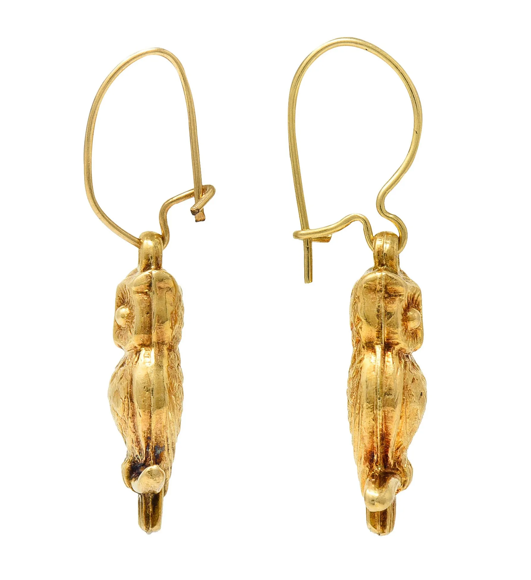 1905 Art Nouveau 14 Karat Gold Owl Drop Earrings