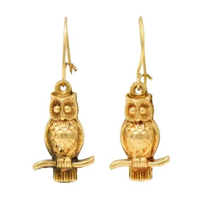 1905 Art Nouveau 14 Karat Gold Owl Drop Earrings