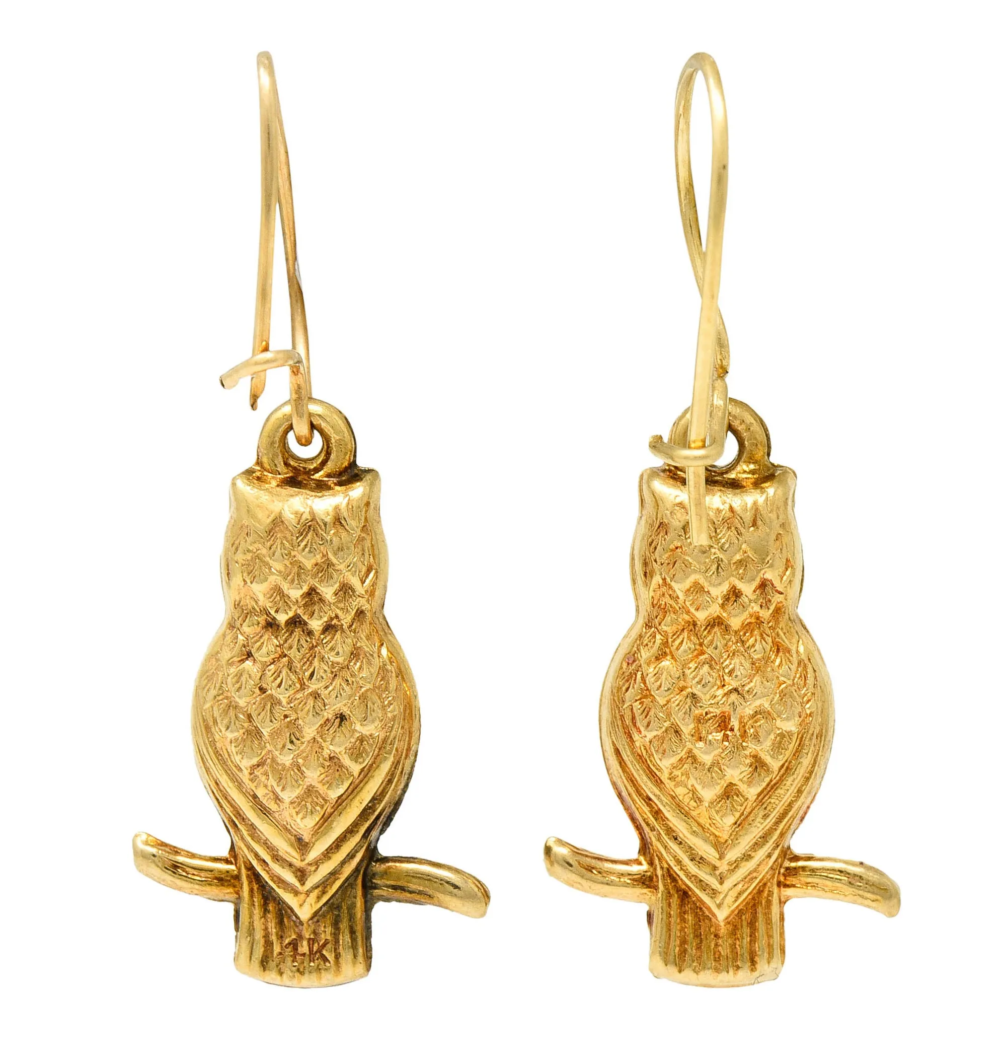 1905 Art Nouveau 14 Karat Gold Owl Drop Earrings