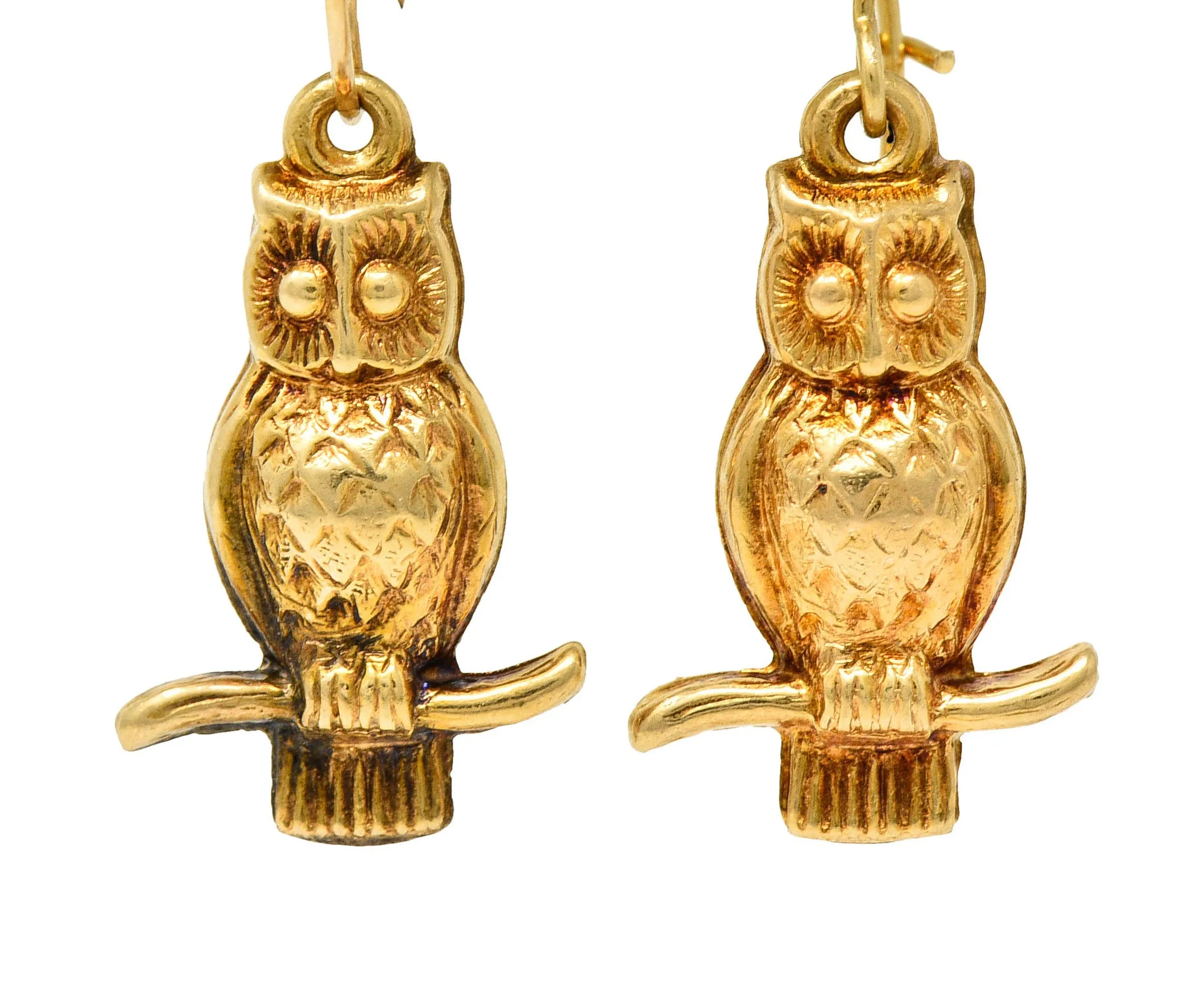 1905 Art Nouveau 14 Karat Gold Owl Drop Earrings