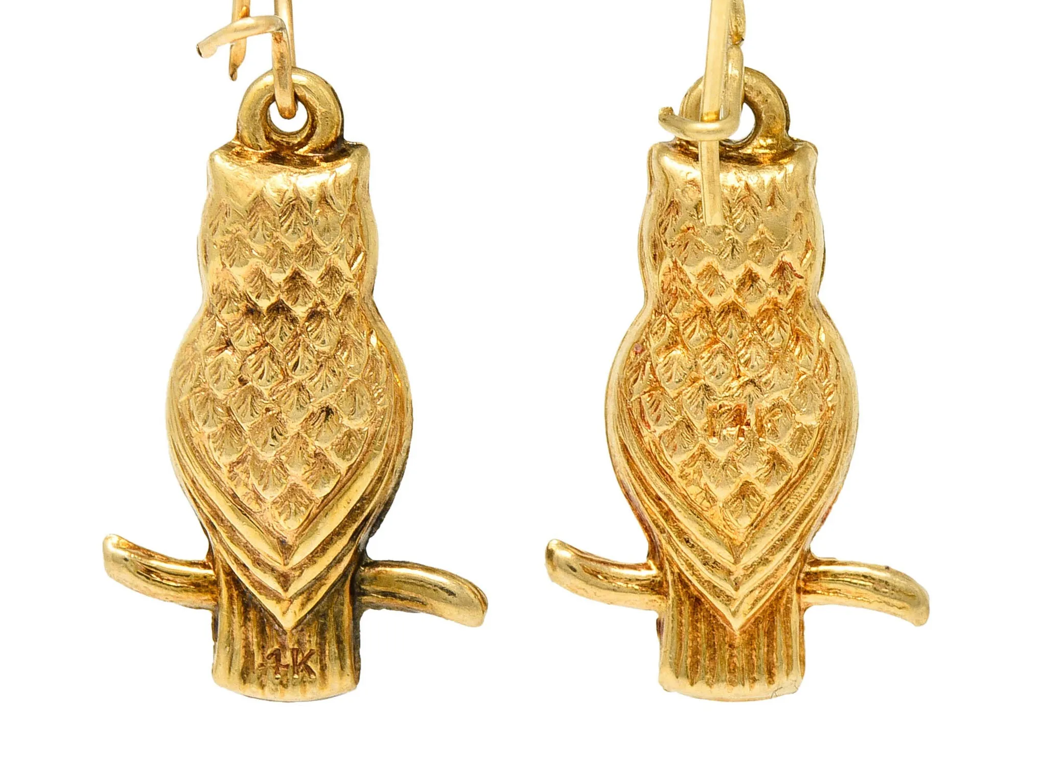 1905 Art Nouveau 14 Karat Gold Owl Drop Earrings