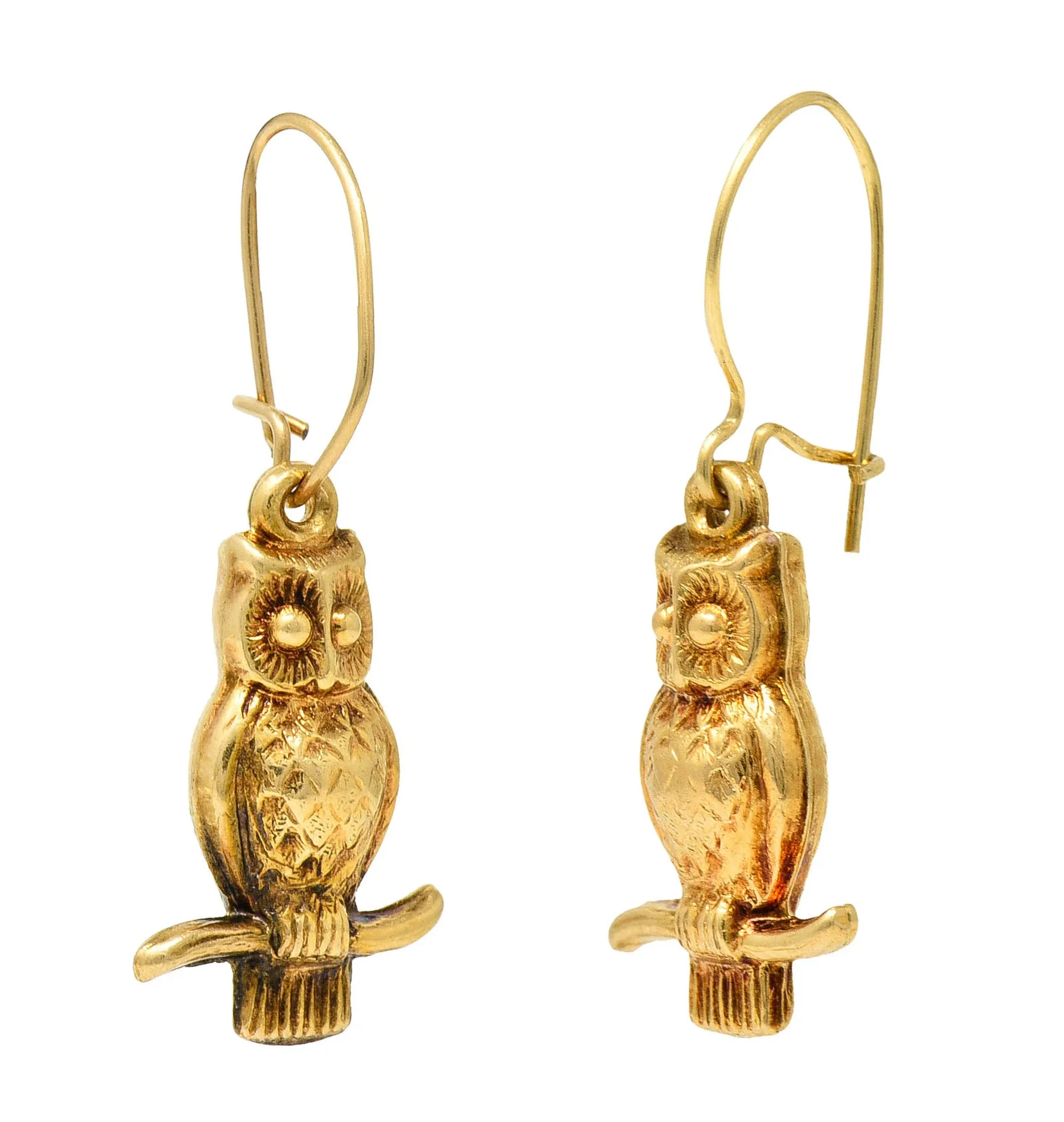 1905 Art Nouveau 14 Karat Gold Owl Drop Earrings