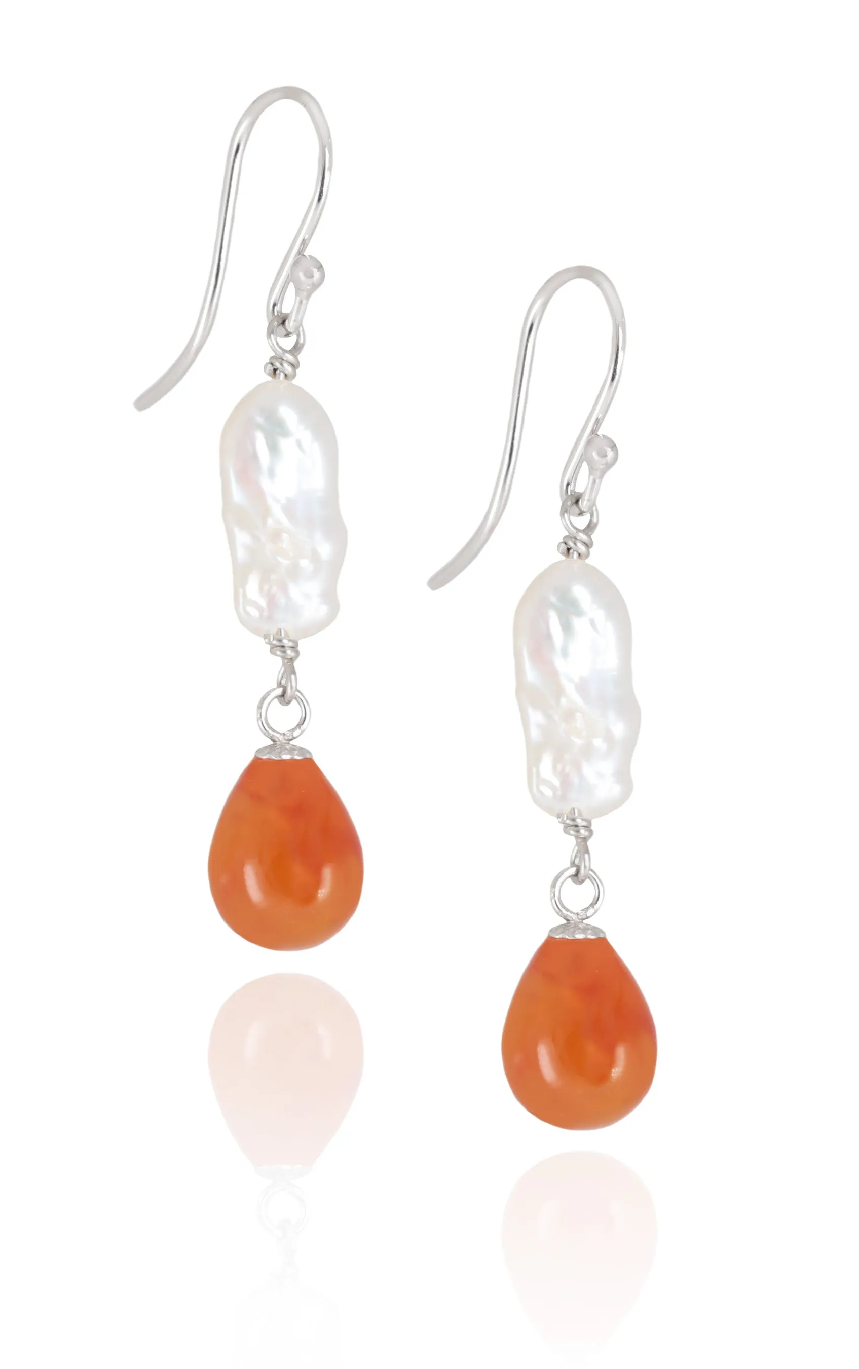 9K White Gold, Carnelian and Freshwater Pearl Earrings