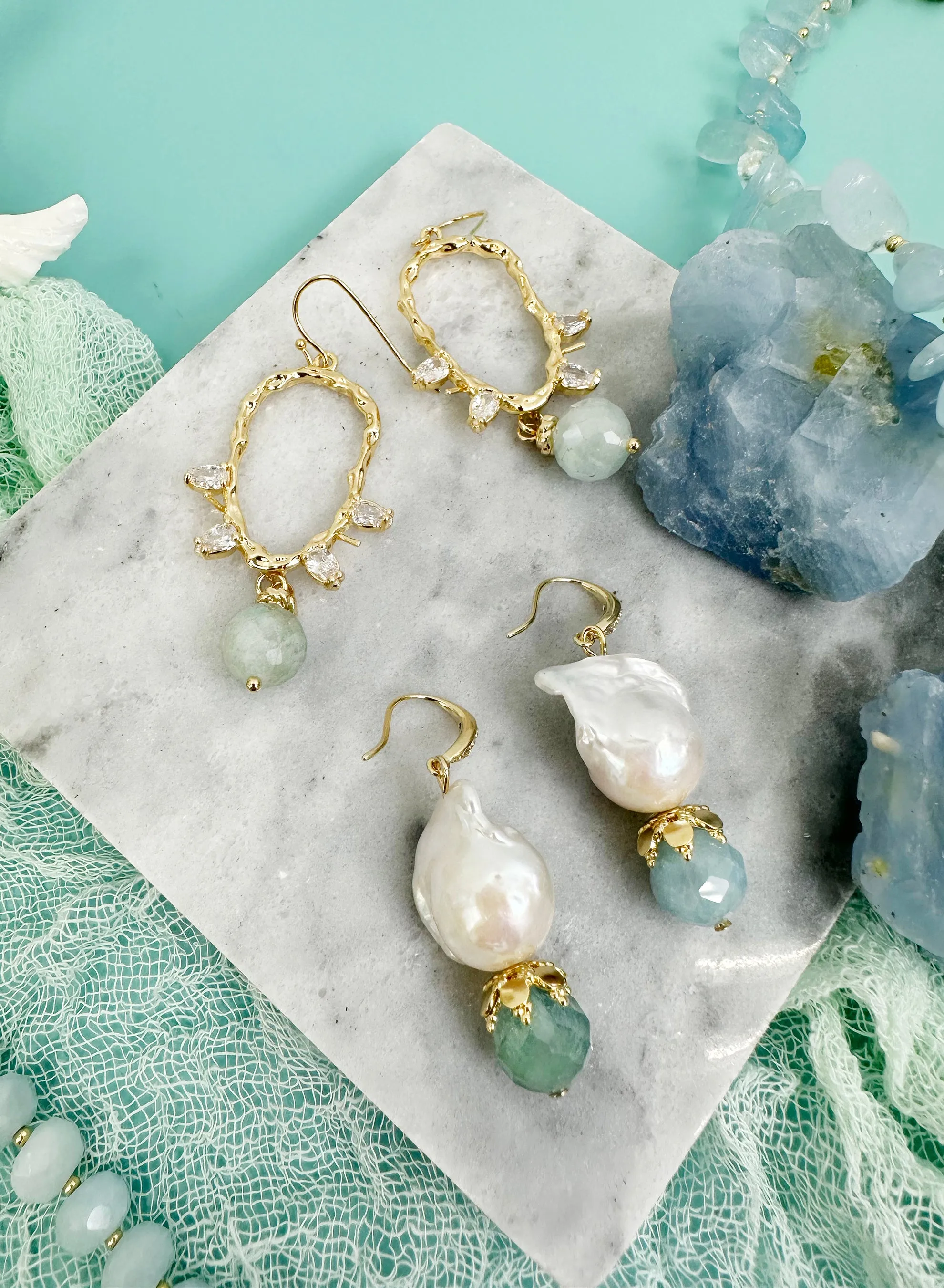 Baroque Pearl With Aquamarine Dangle Earrings JE033