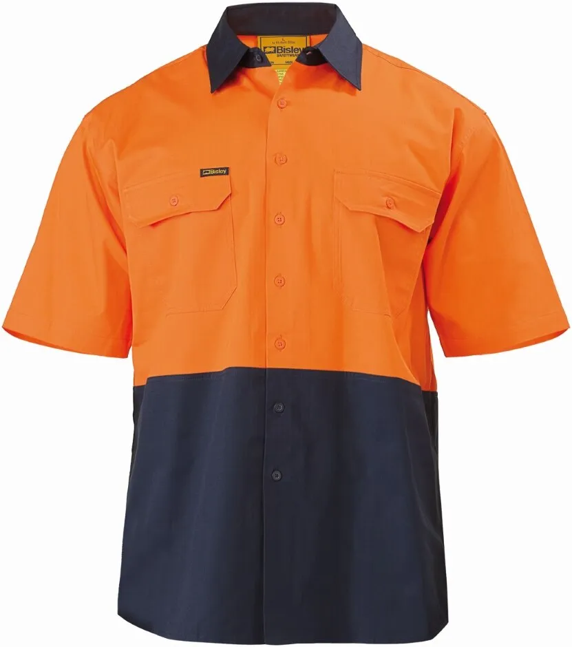 Bisley Workwear BS1895 Short Sleeve Shirt - Open Front - Cotton - Light Weight - Orange/Navy - S