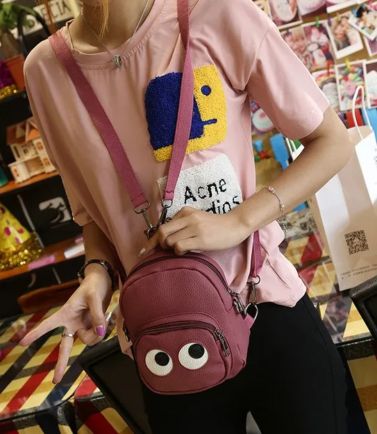 Burgundy Cartoon Cute Eyes Mini Backpack Cross Body Bag