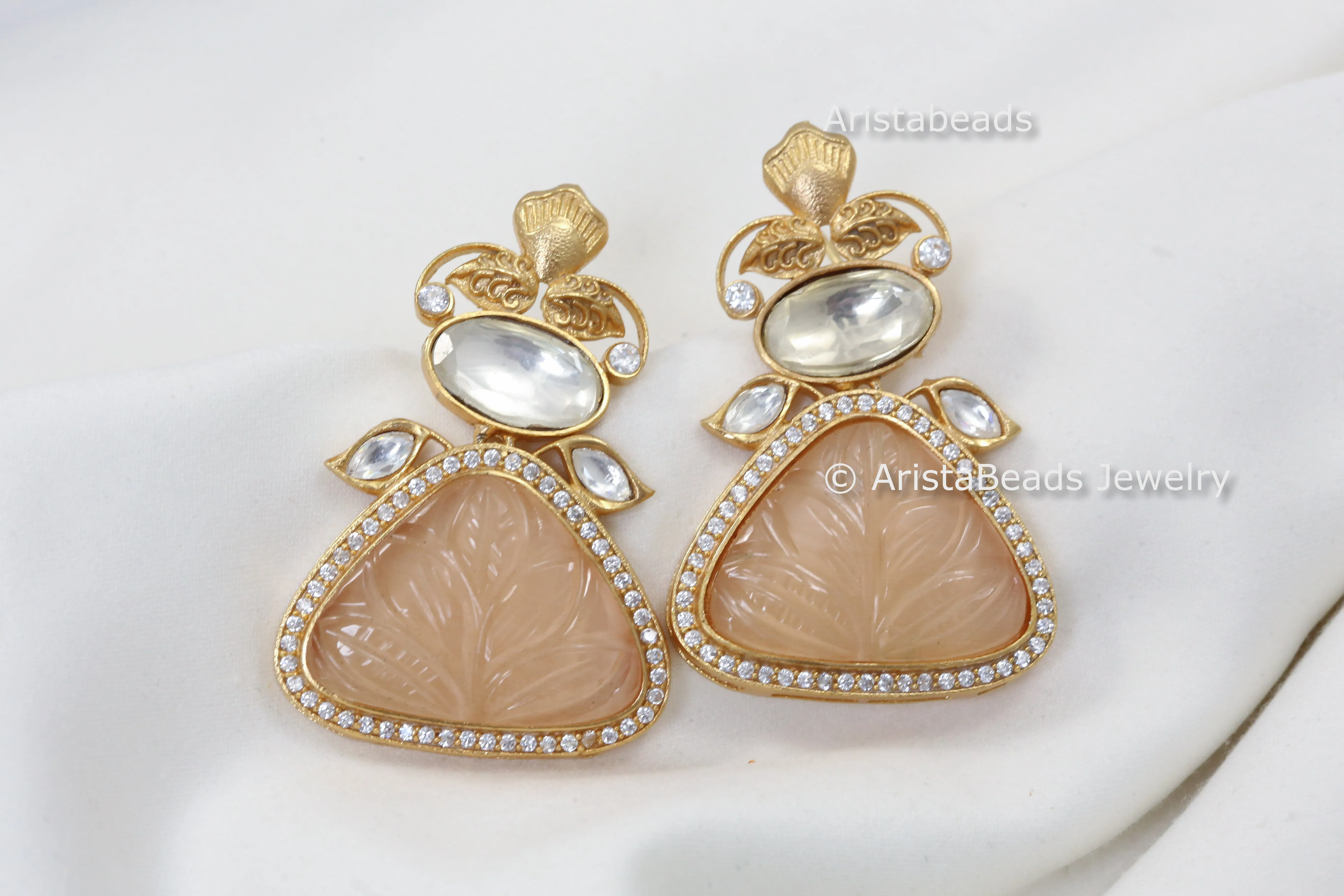 Carved Stone Uncut Polki Kundan Earrings  - Peach