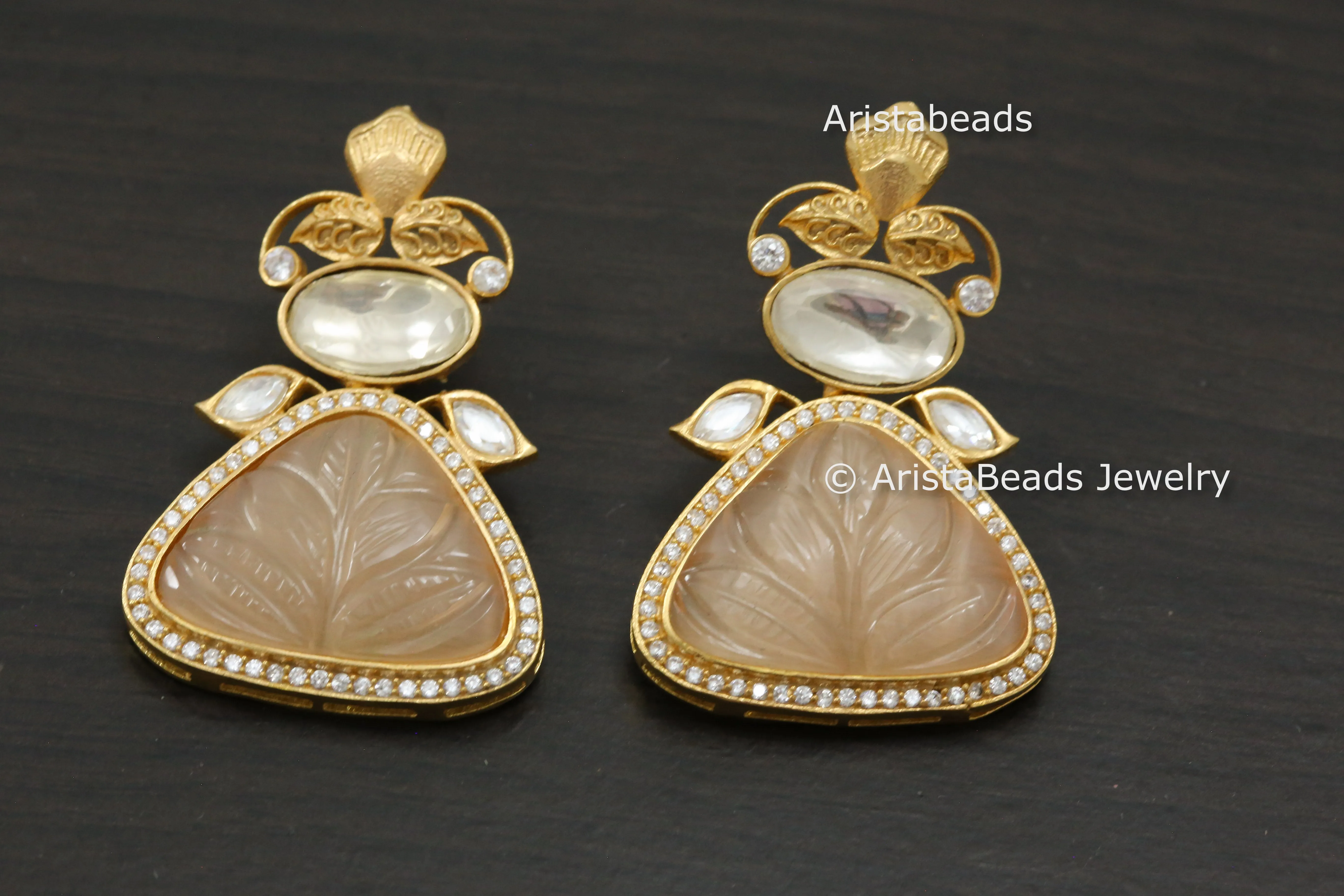 Carved Stone Uncut Polki Kundan Earrings  - Peach