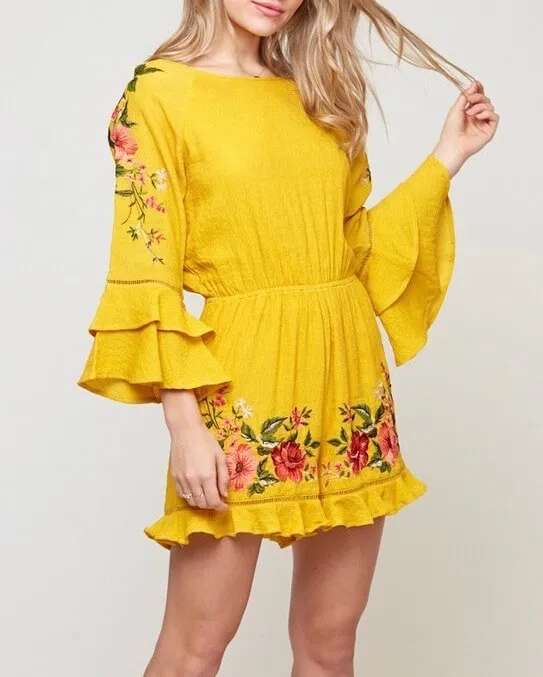 Floral Embroidered Romper in Mustard