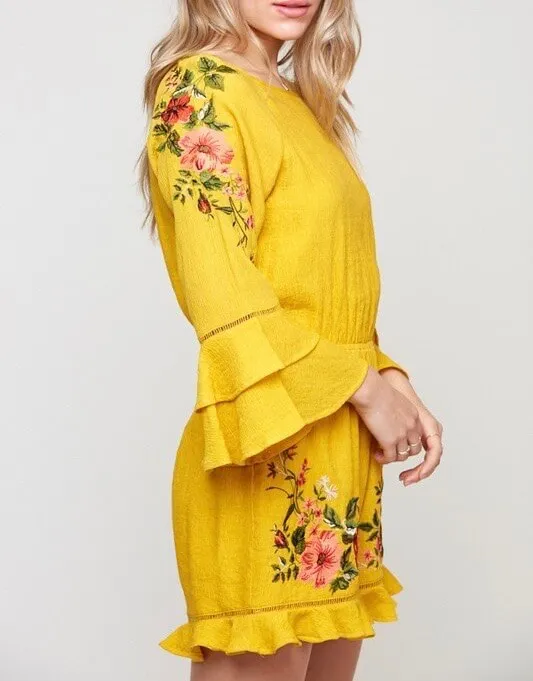 Floral Embroidered Romper in Mustard