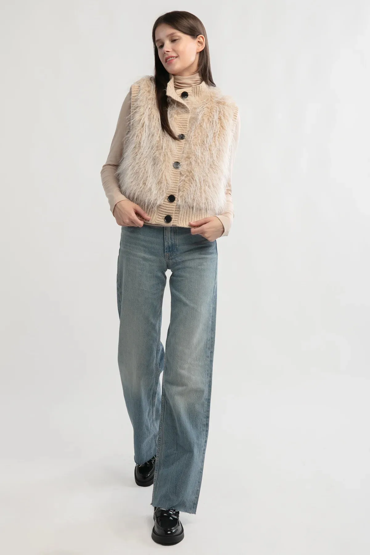 Fluffy Button Up Vest in Tan