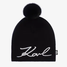 Girls Black Cotton & Cashmere Knitted Hat