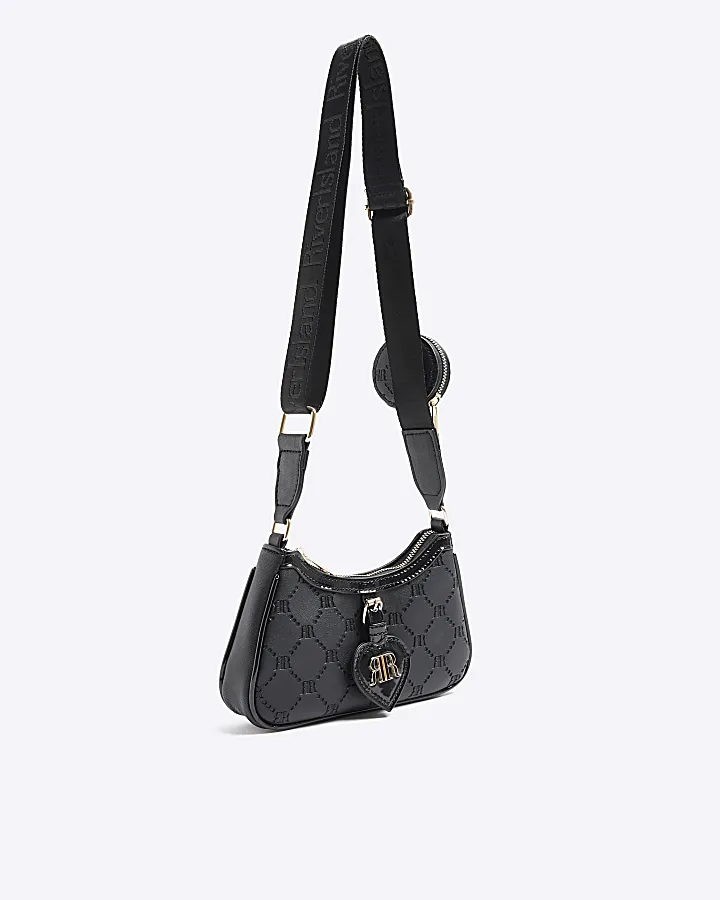 Girls black embossed monogram cross body bag