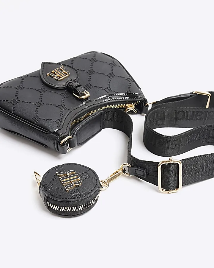 Girls black embossed monogram cross body bag