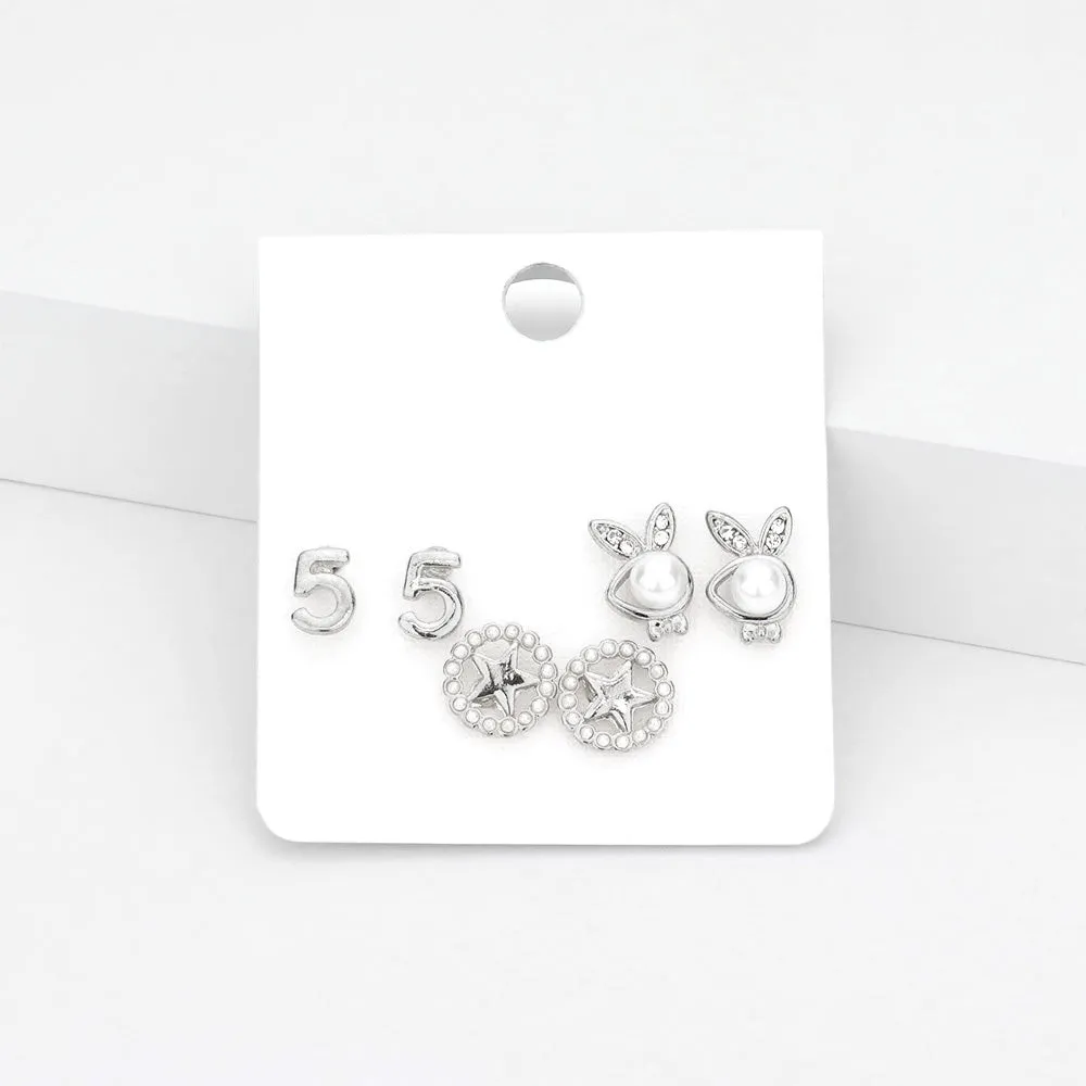 iLLASPARKZ 3Pairs - Pearl Playboy bunny star stud earrings