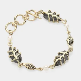 iLLASPARKZ Antique Metal Leaf Pearl Toggle Bracelet