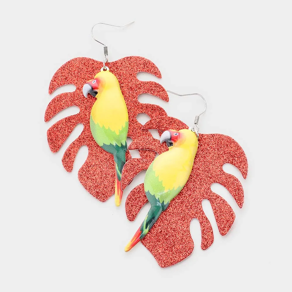 iLLASPARKZ Glitter Tropical Leaf Parrot Earrings