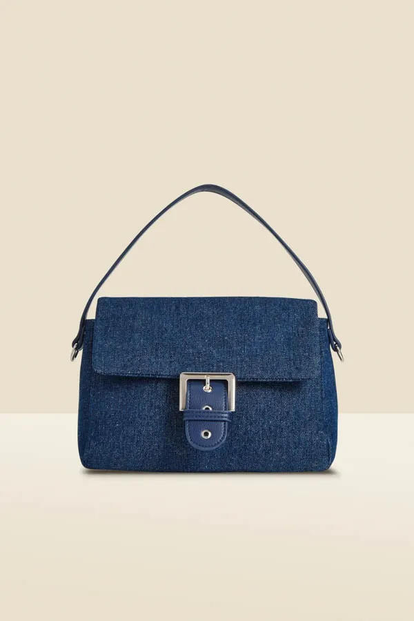 Indigo Blue Denim Buckle Detail Shoulder Bag