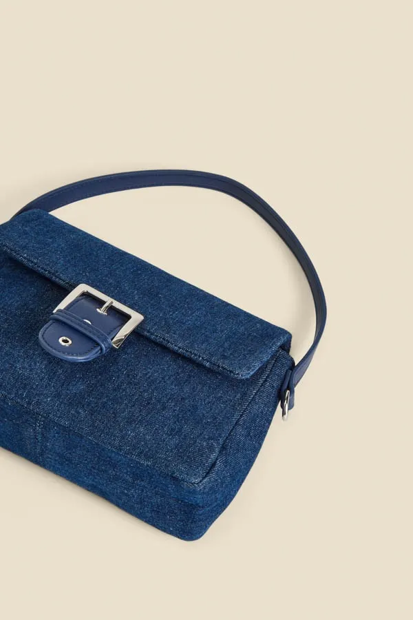 Indigo Blue Denim Buckle Detail Shoulder Bag