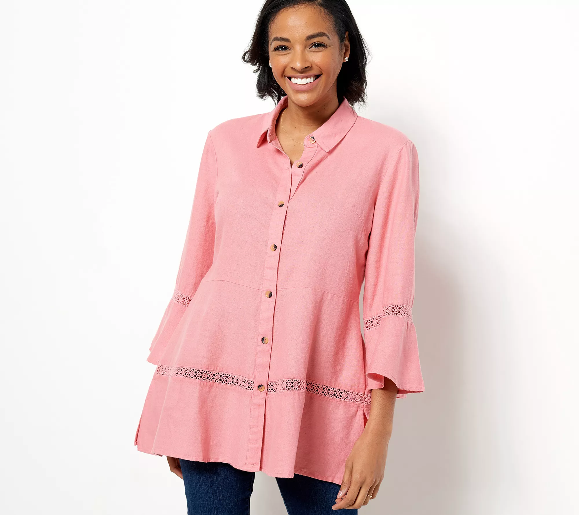 Isaac Mizrahi Live! Bridgehampton Linen Tunic w/ Lace Trim