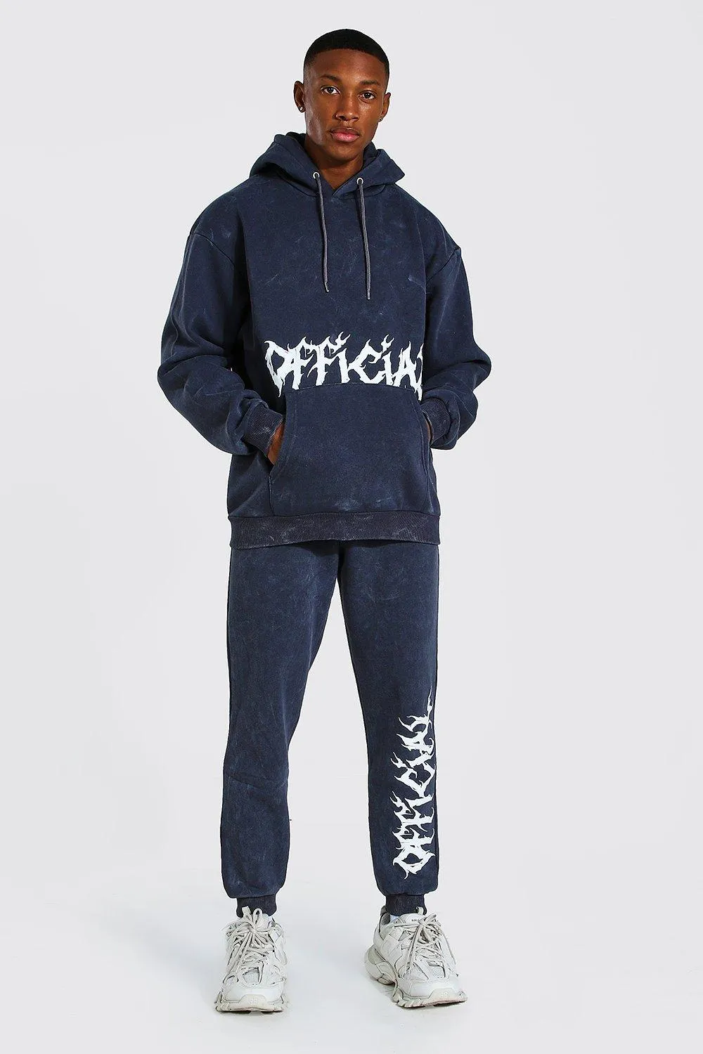 Loose Fit Acid Wash Official Print Tracksuit | boohooMAN UK