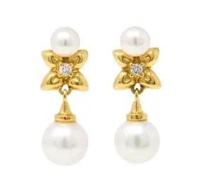 Mikimoto Pearl Diamond 18 Karat Gold Floral Drop Earrings