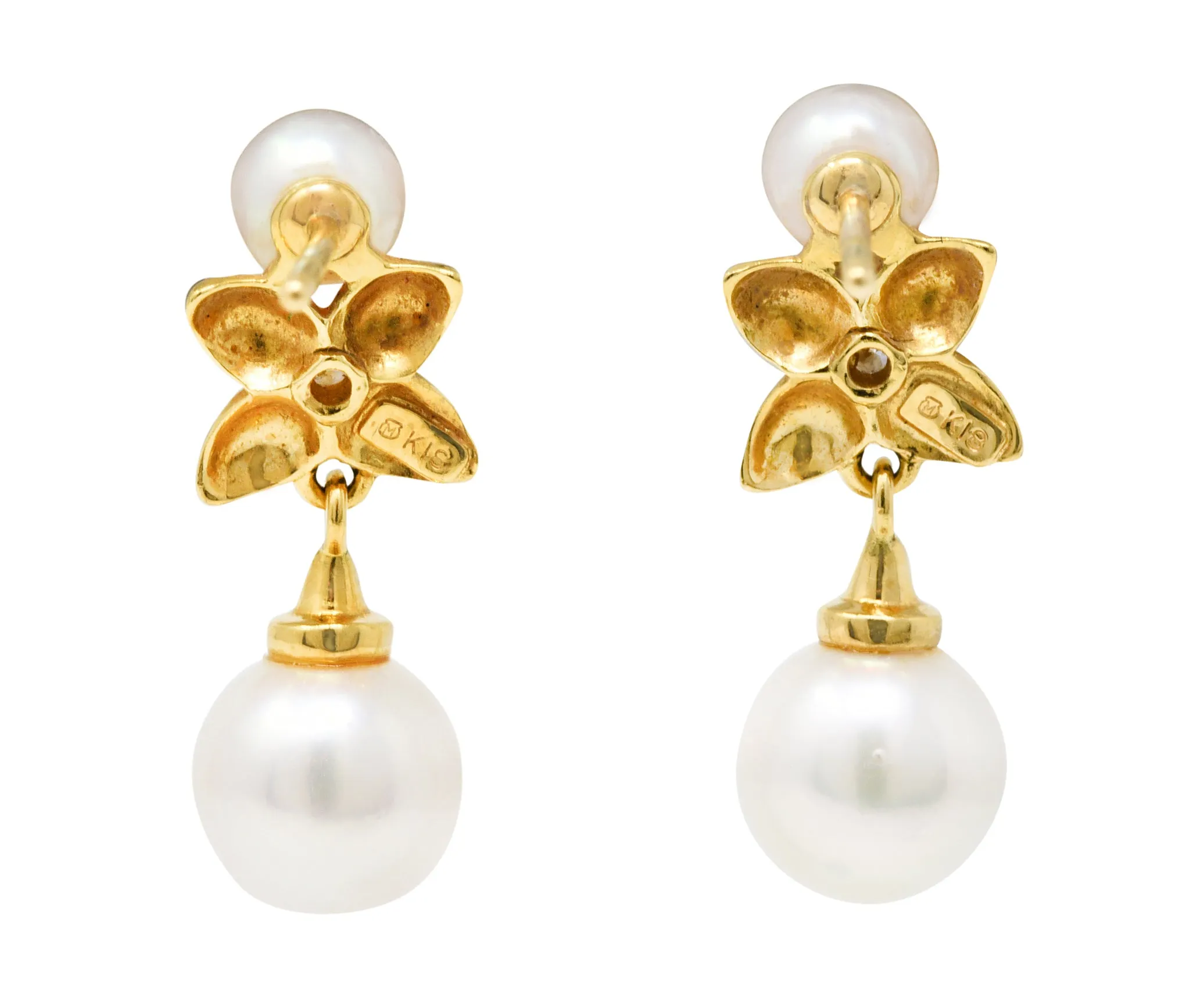 Mikimoto Pearl Diamond 18 Karat Gold Floral Drop Earrings