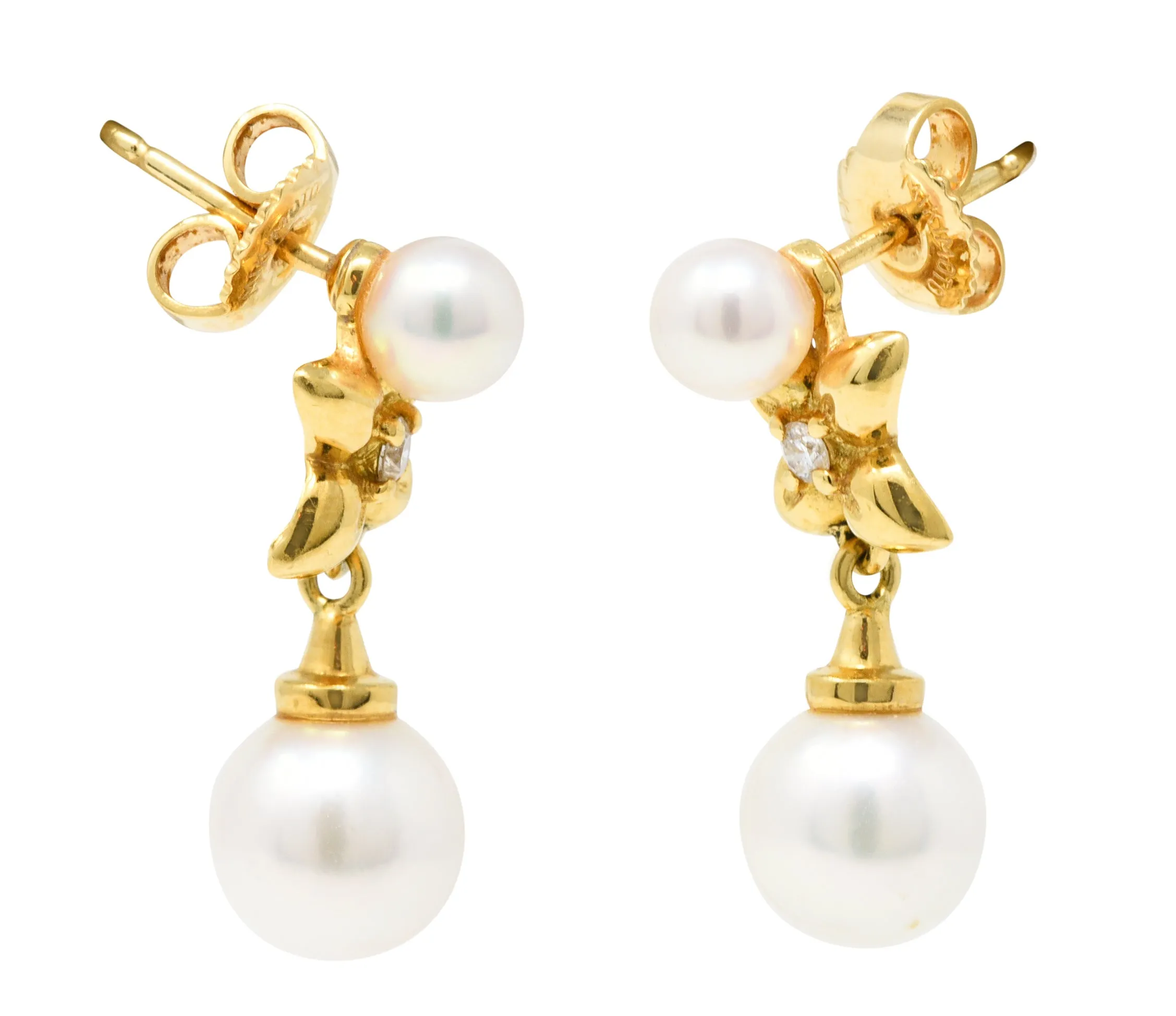 Mikimoto Pearl Diamond 18 Karat Gold Floral Drop Earrings