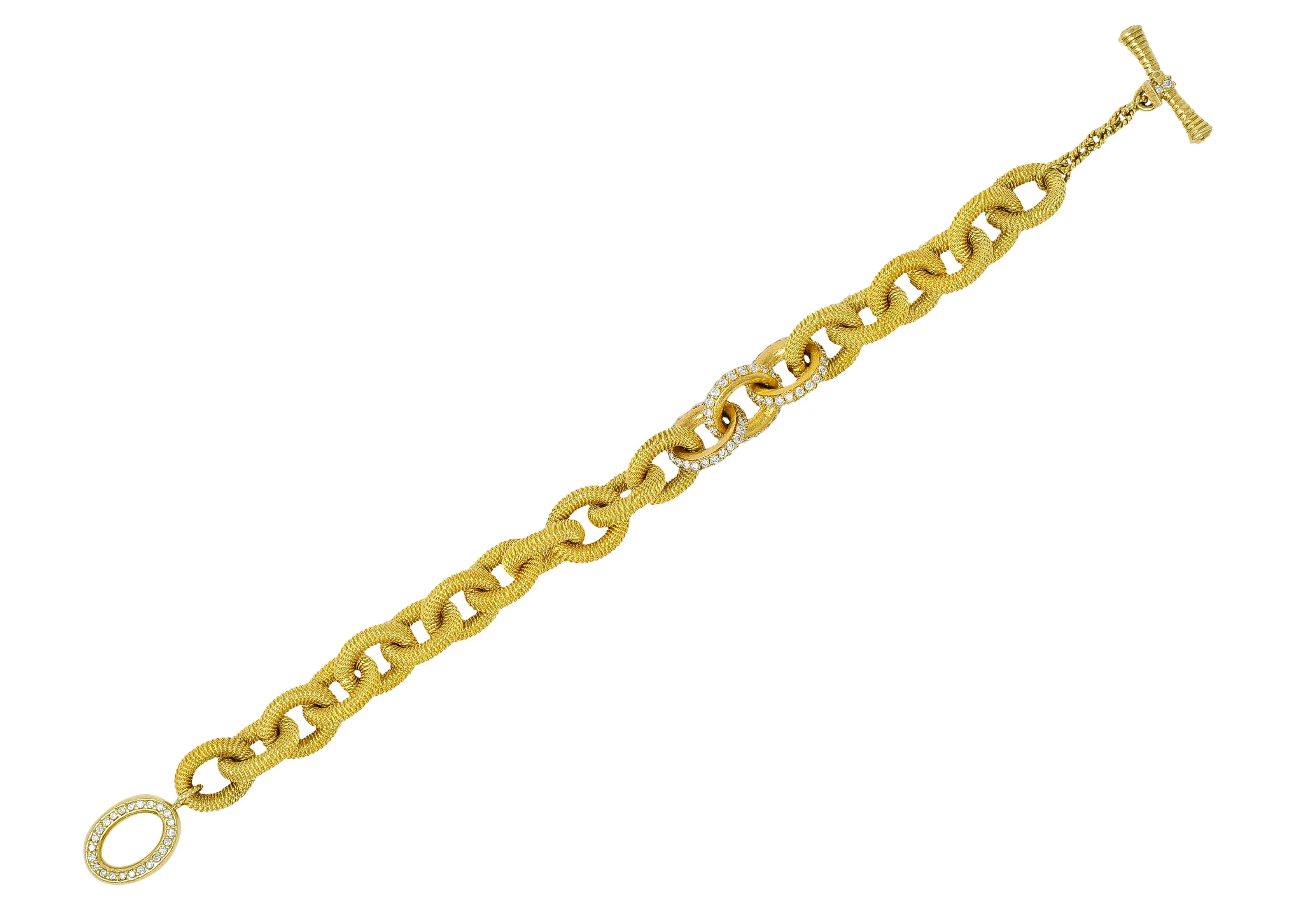 Modern 1.75 CTW Pave Diamond 18 Karat Gold Curb Link Toggle Bracelet