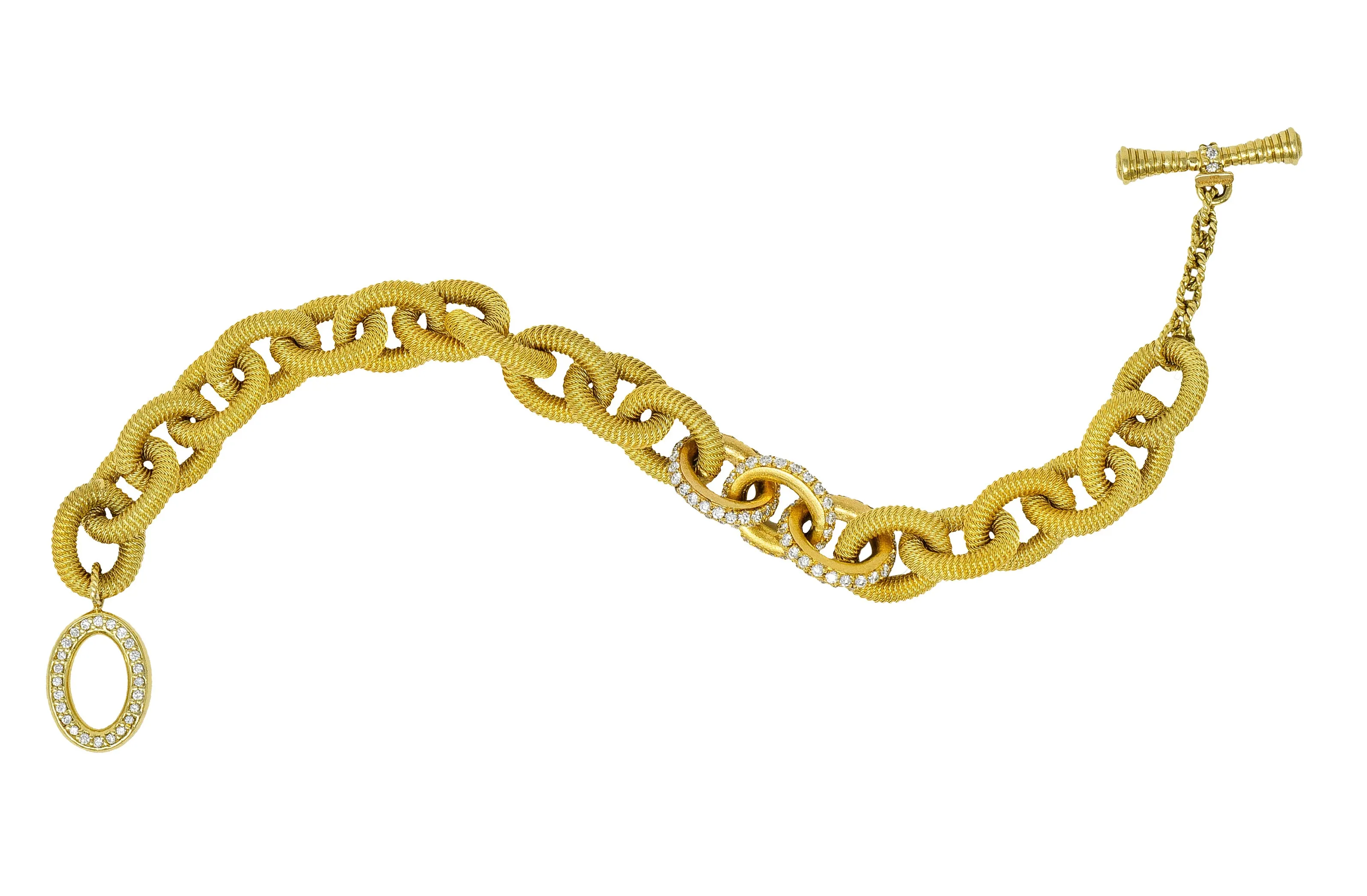 Modern 1.75 CTW Pave Diamond 18 Karat Gold Curb Link Toggle Bracelet