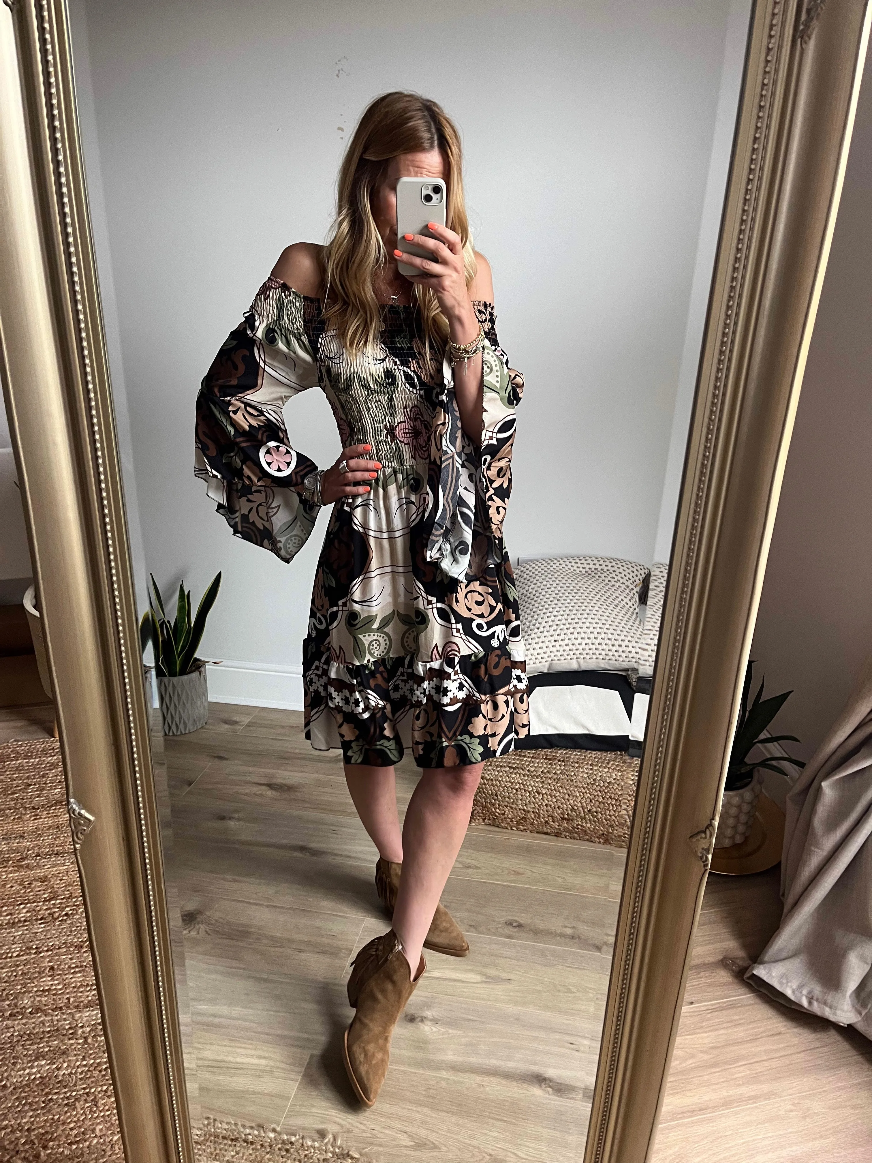 Off-Shoulder Shirred Tunic Print Dress