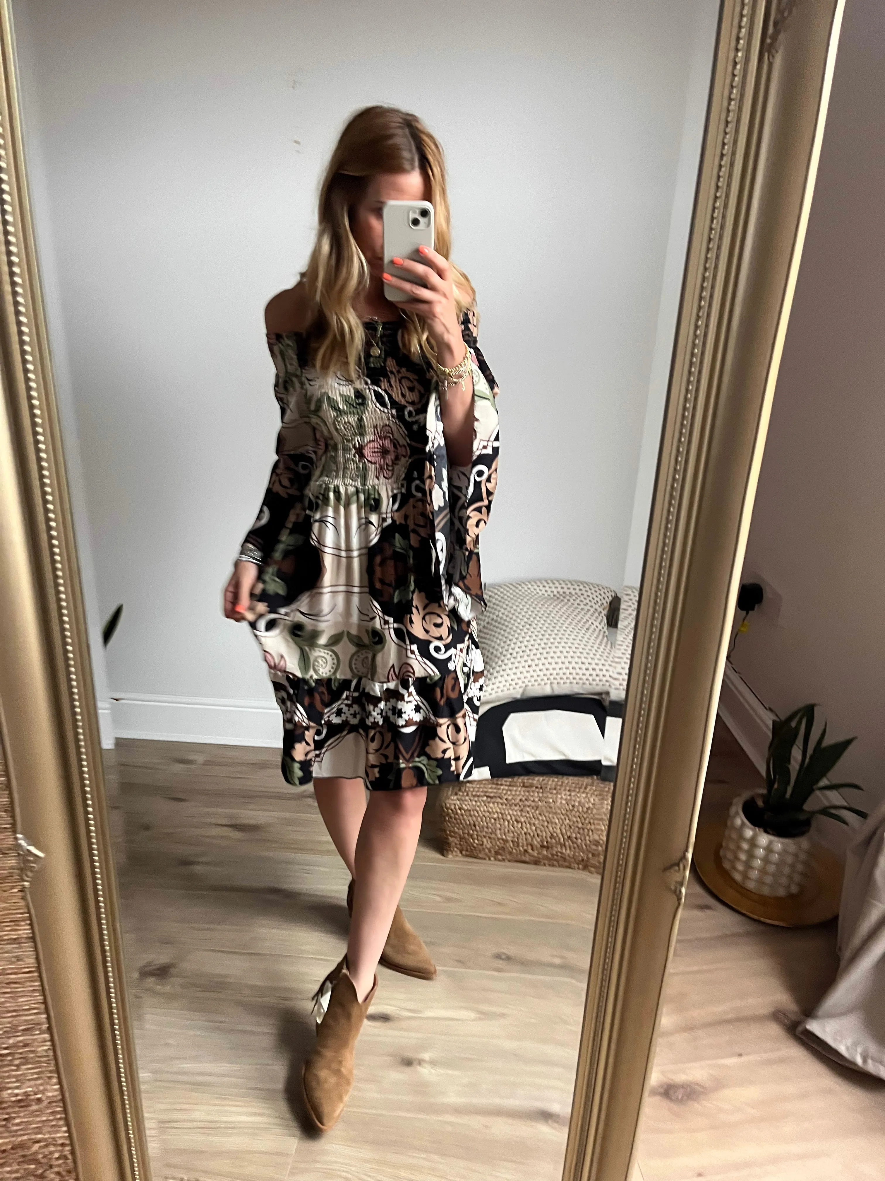 Off-Shoulder Shirred Tunic Print Dress