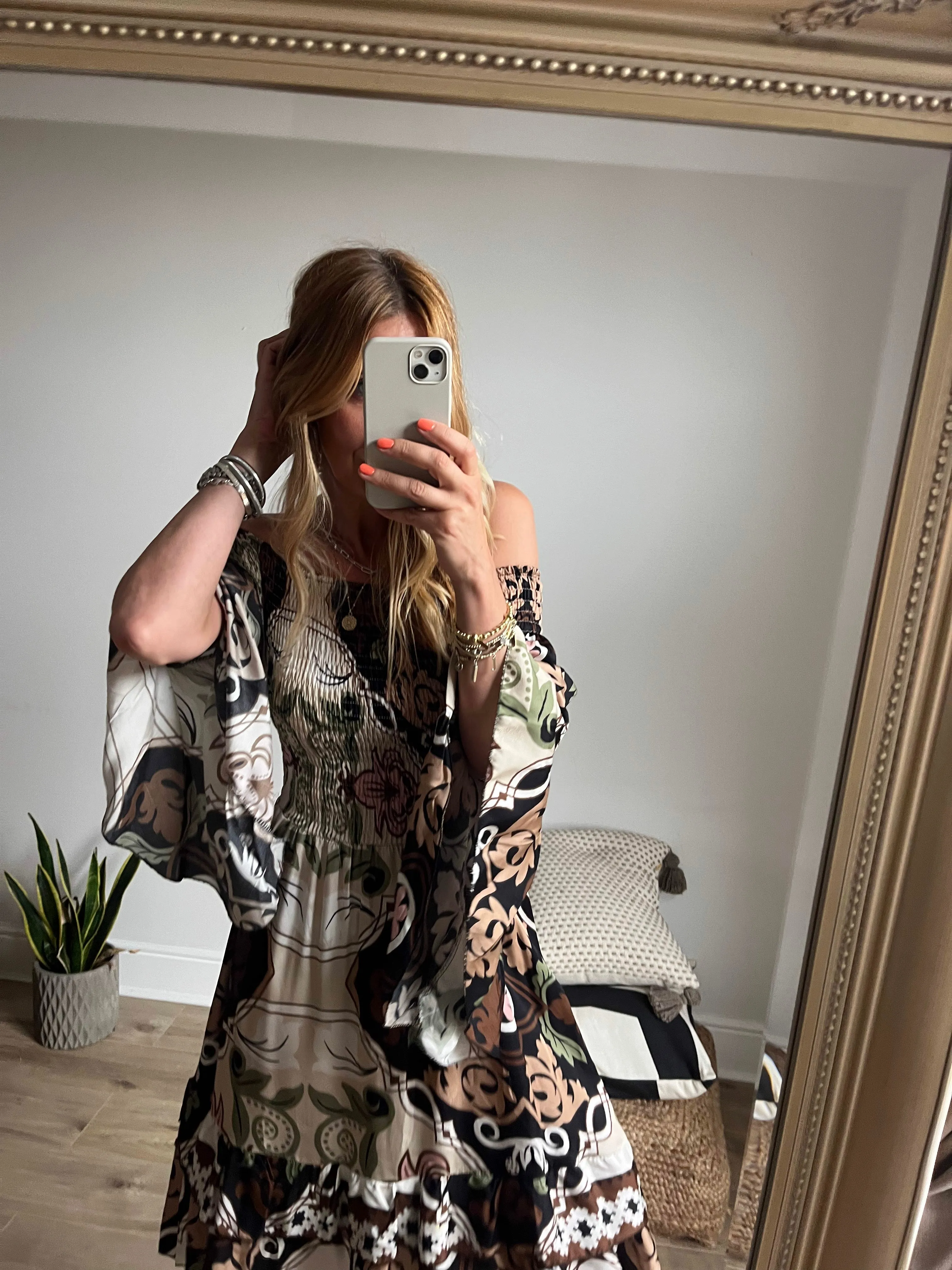 Off-Shoulder Shirred Tunic Print Dress