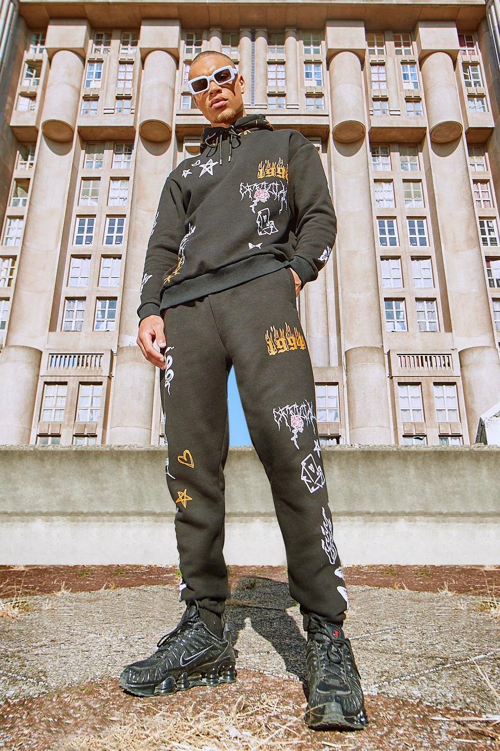 Oversized Graffiti Print Hooded Tracksuit | boohooMAN UK