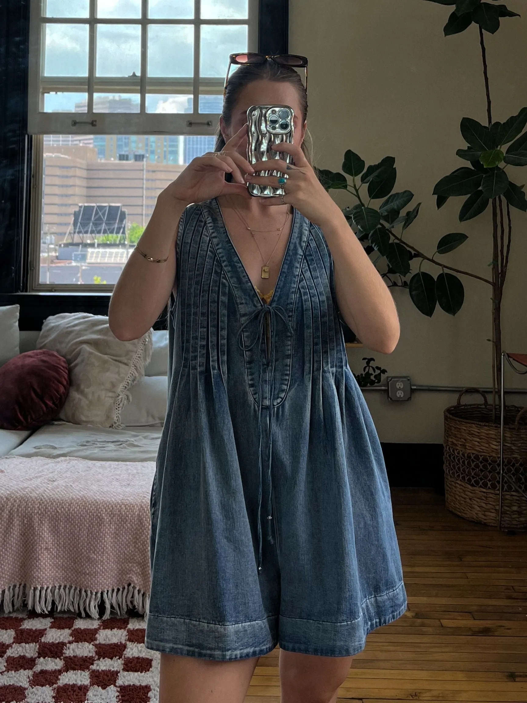 Pleated Denim Romper