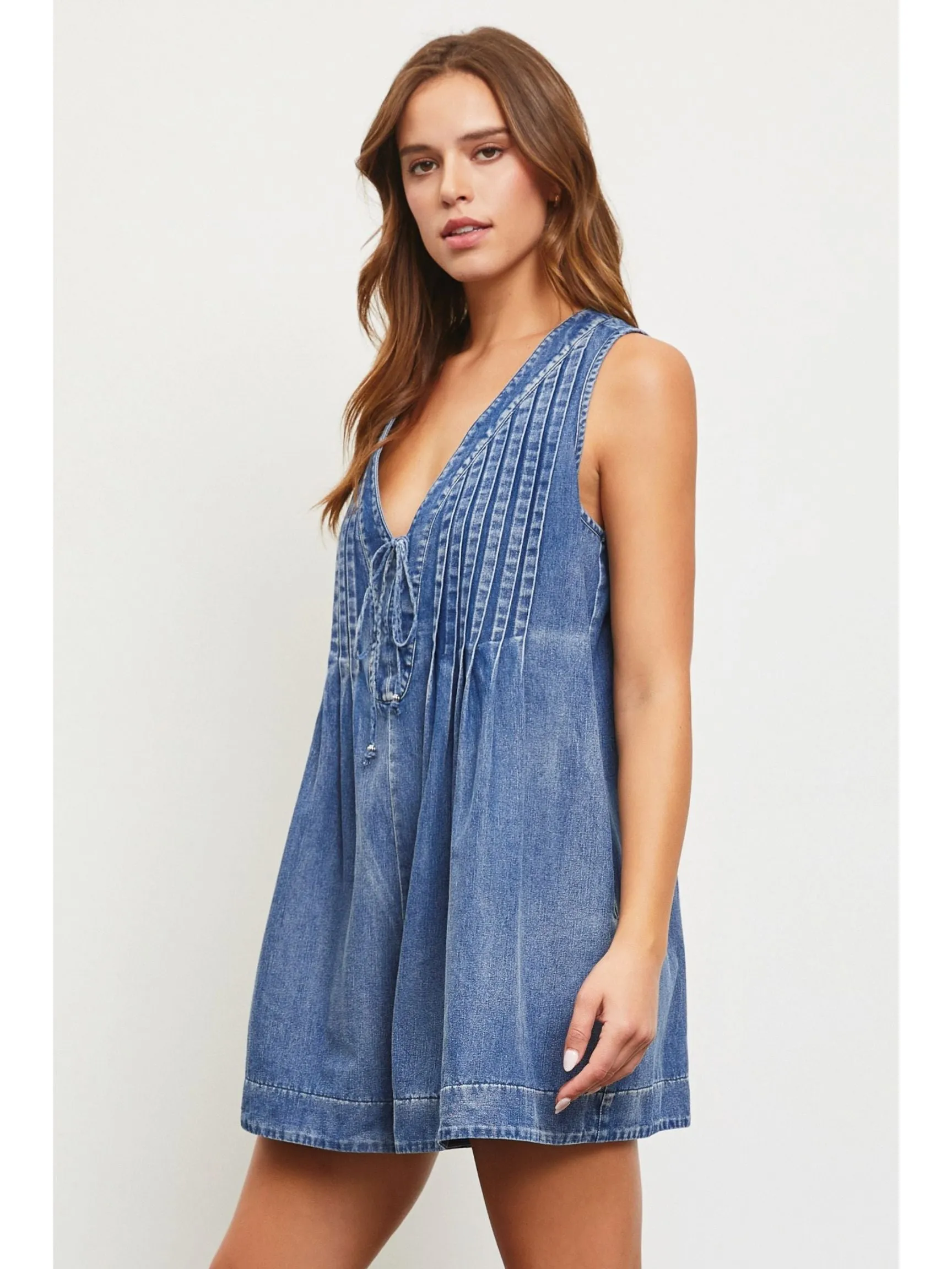 Pleated Denim Romper