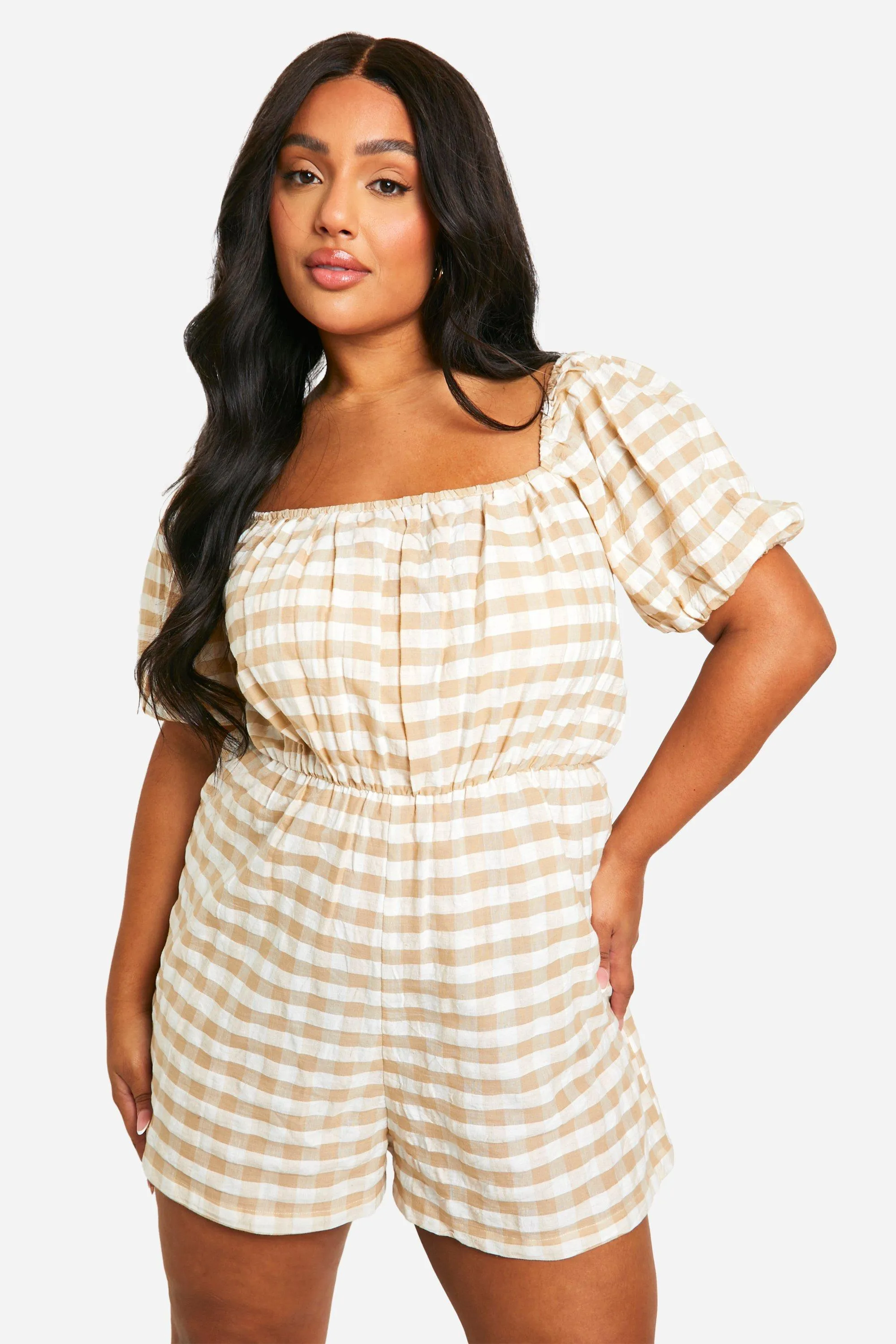 Plus Gingham Puff Sleeve Romper