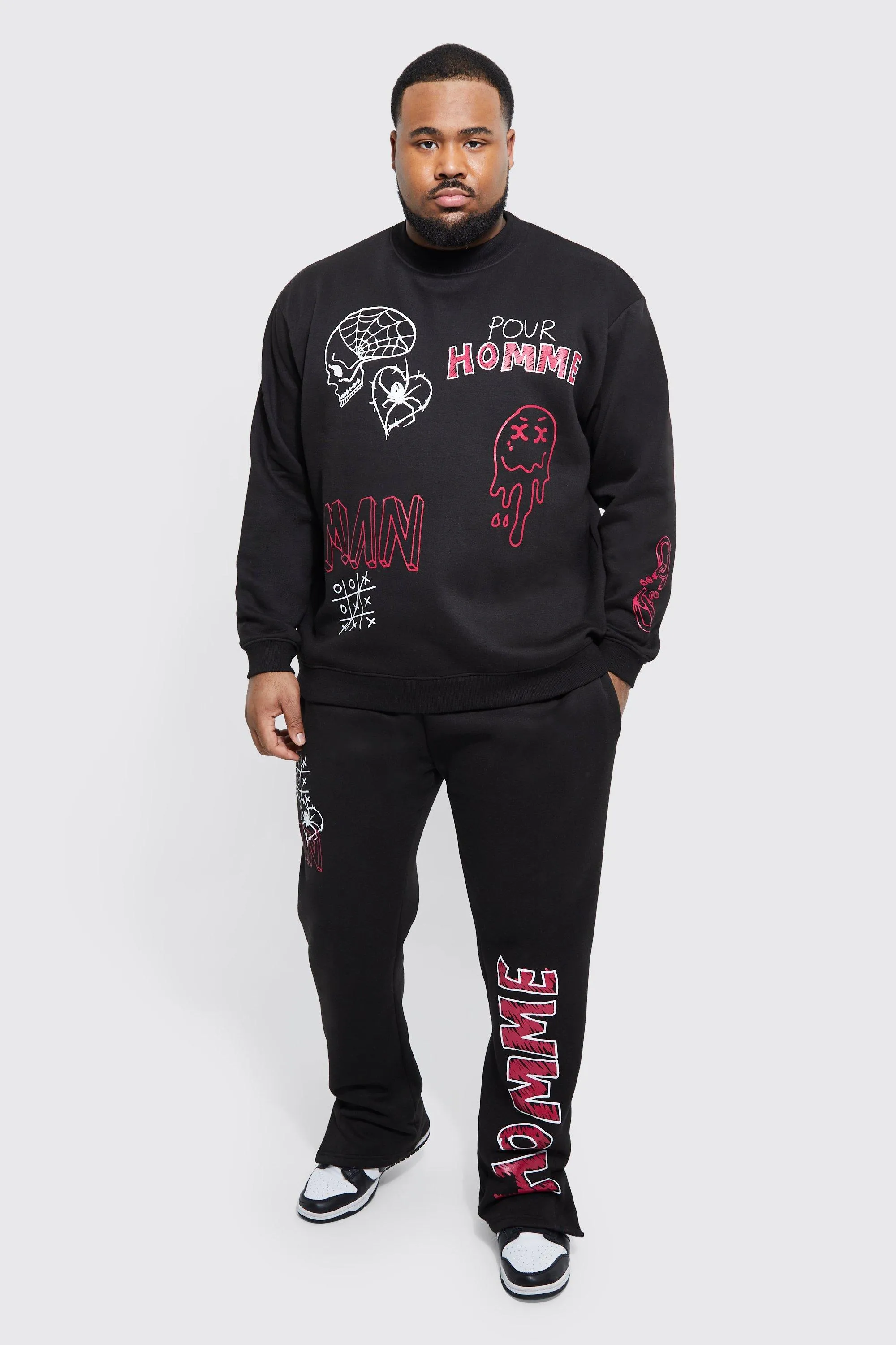 Plus Graffiti Sweatshirt Split Hem Tracksuit