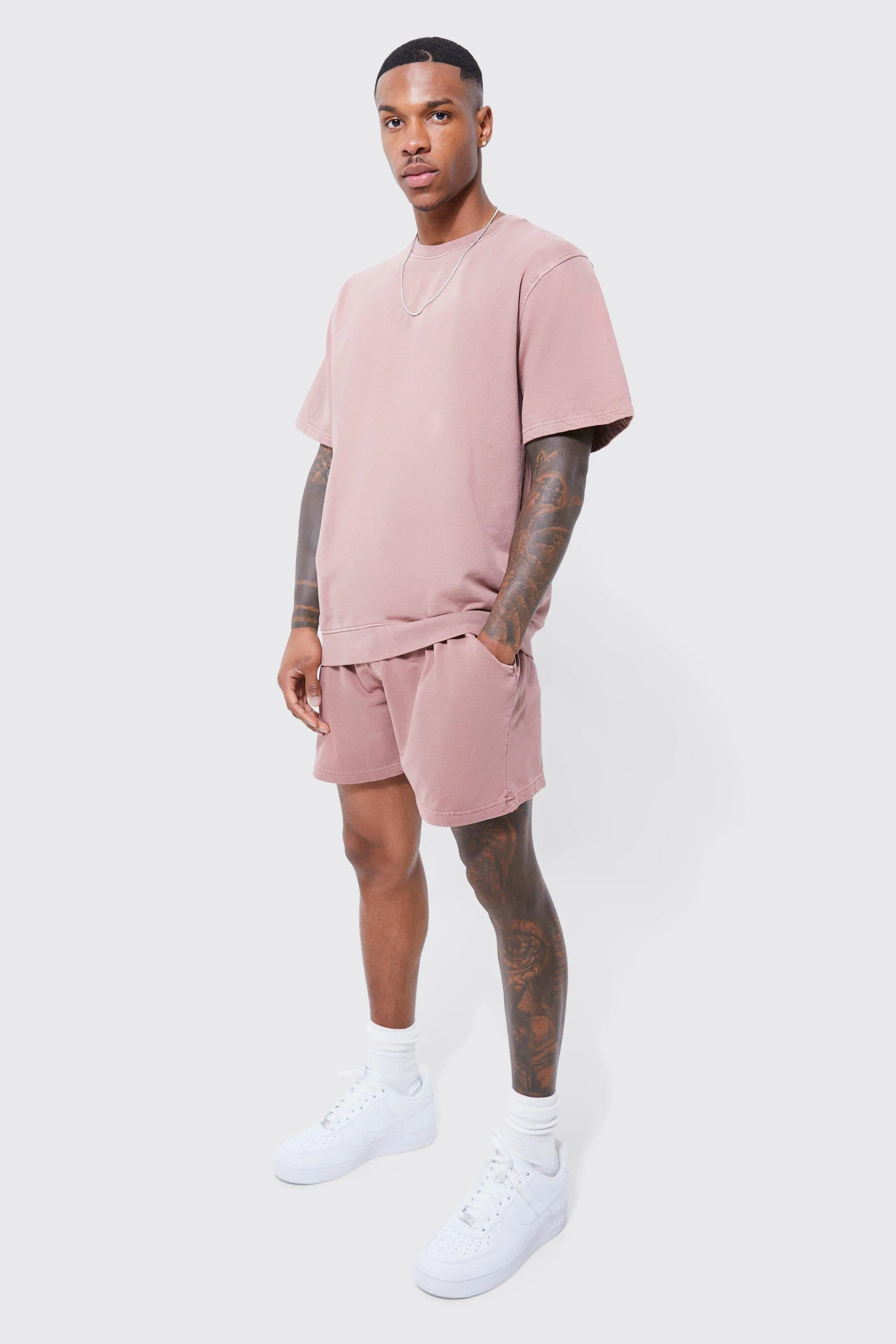 Relaxed Garment Dyed Short Sweat Tracksuit | boohooMAN UK