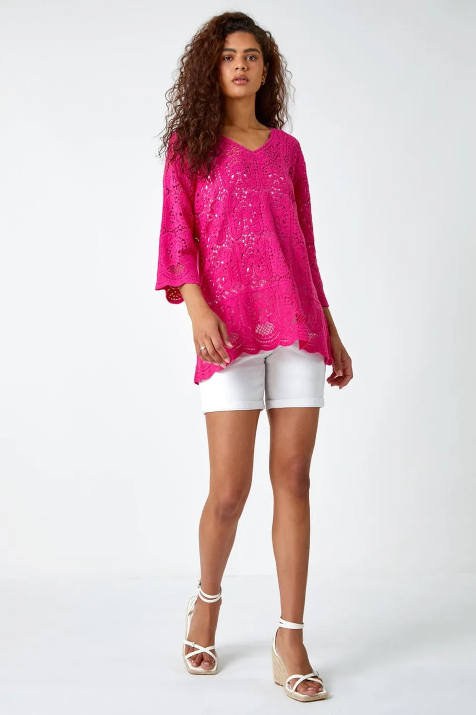 Roman Pink Cotton Crochet Tunic Top