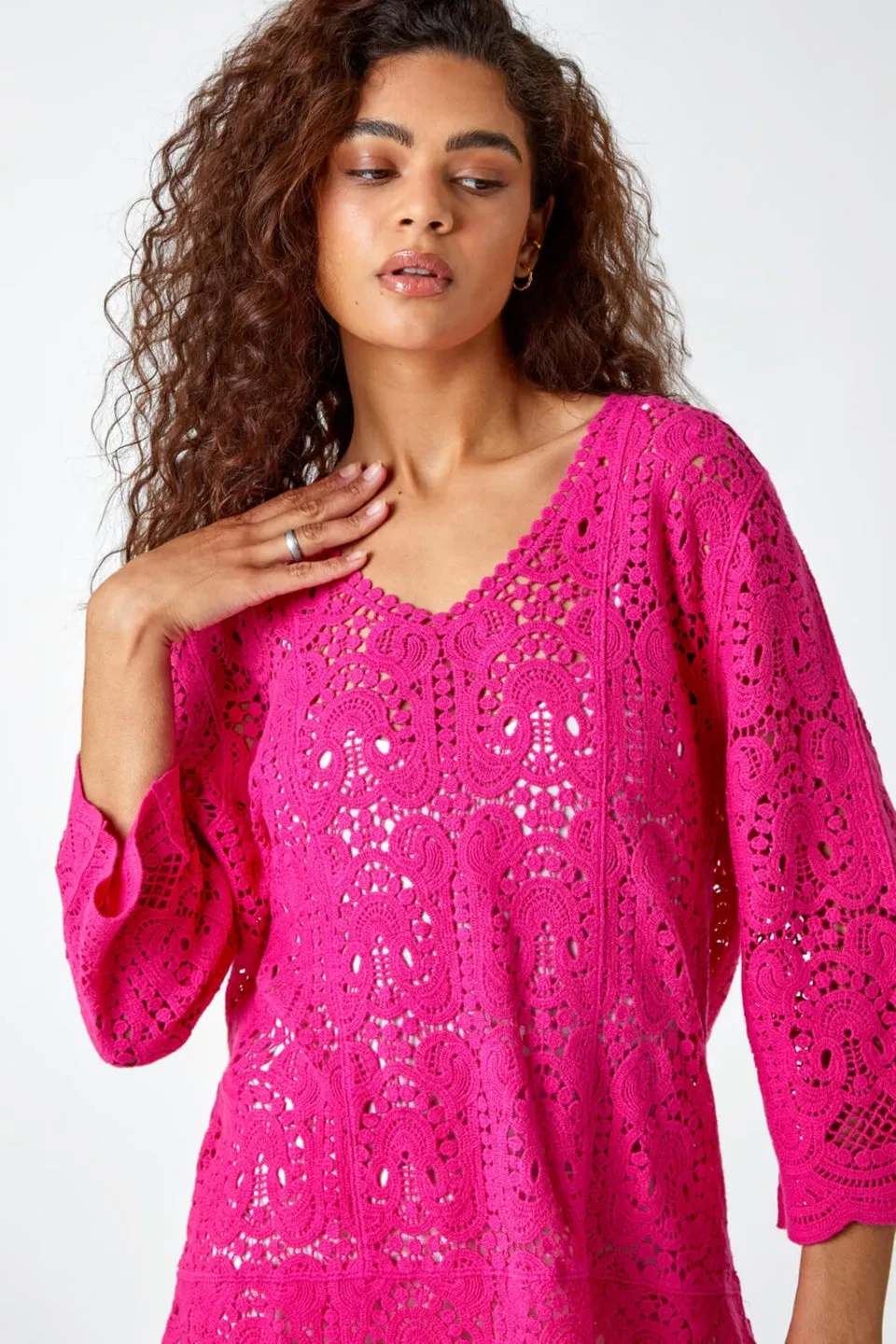 Roman Pink Cotton Crochet Tunic Top