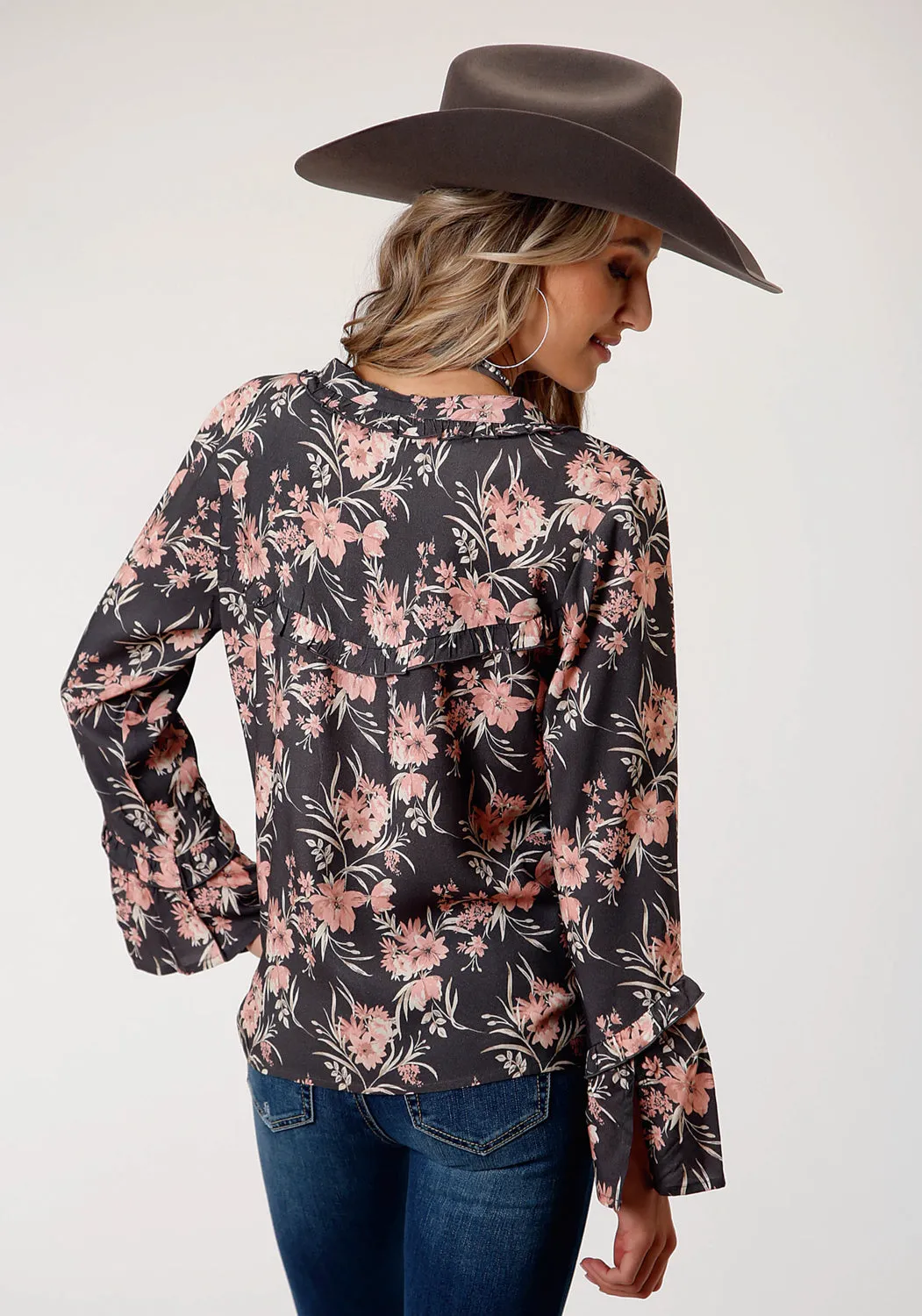 Roper Womens Coral Floral Grey Rayon/Nylon L/S Tunic