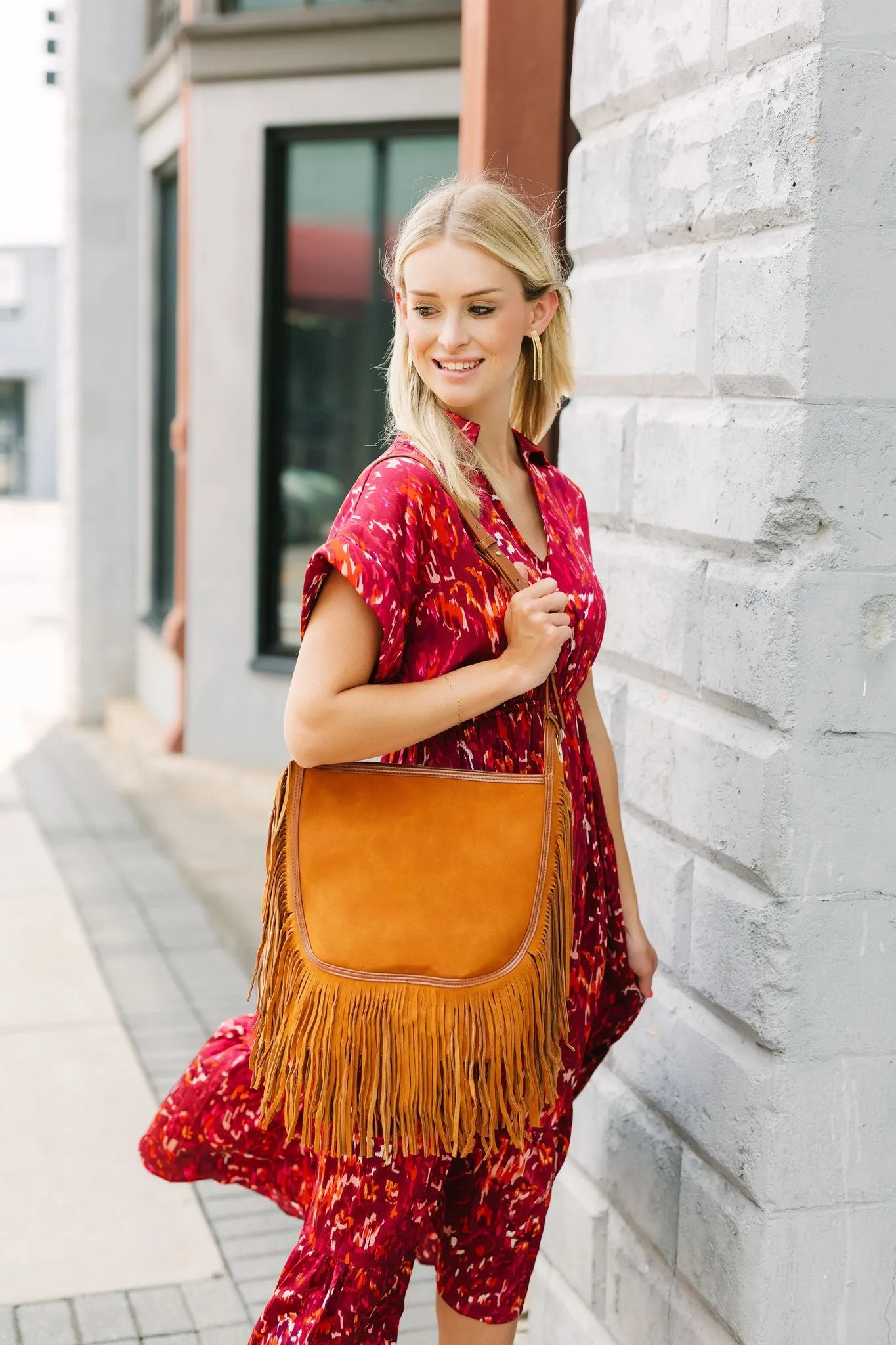 Sawyer Leather Bag with Fringe CAMEL