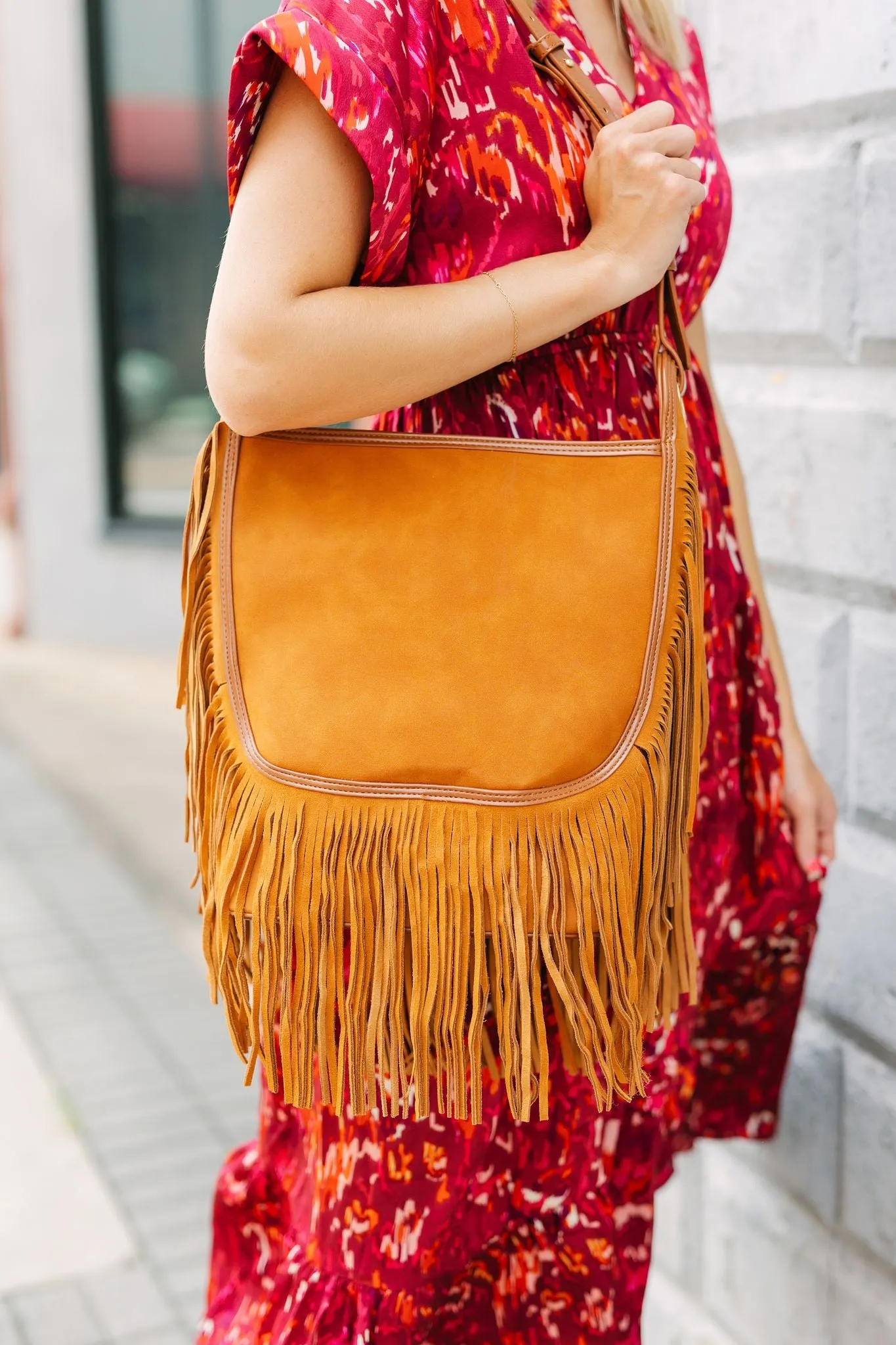 Sawyer Leather Bag with Fringe CAMEL