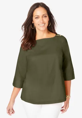 Stretch Poplin Button Boatneck Tunic