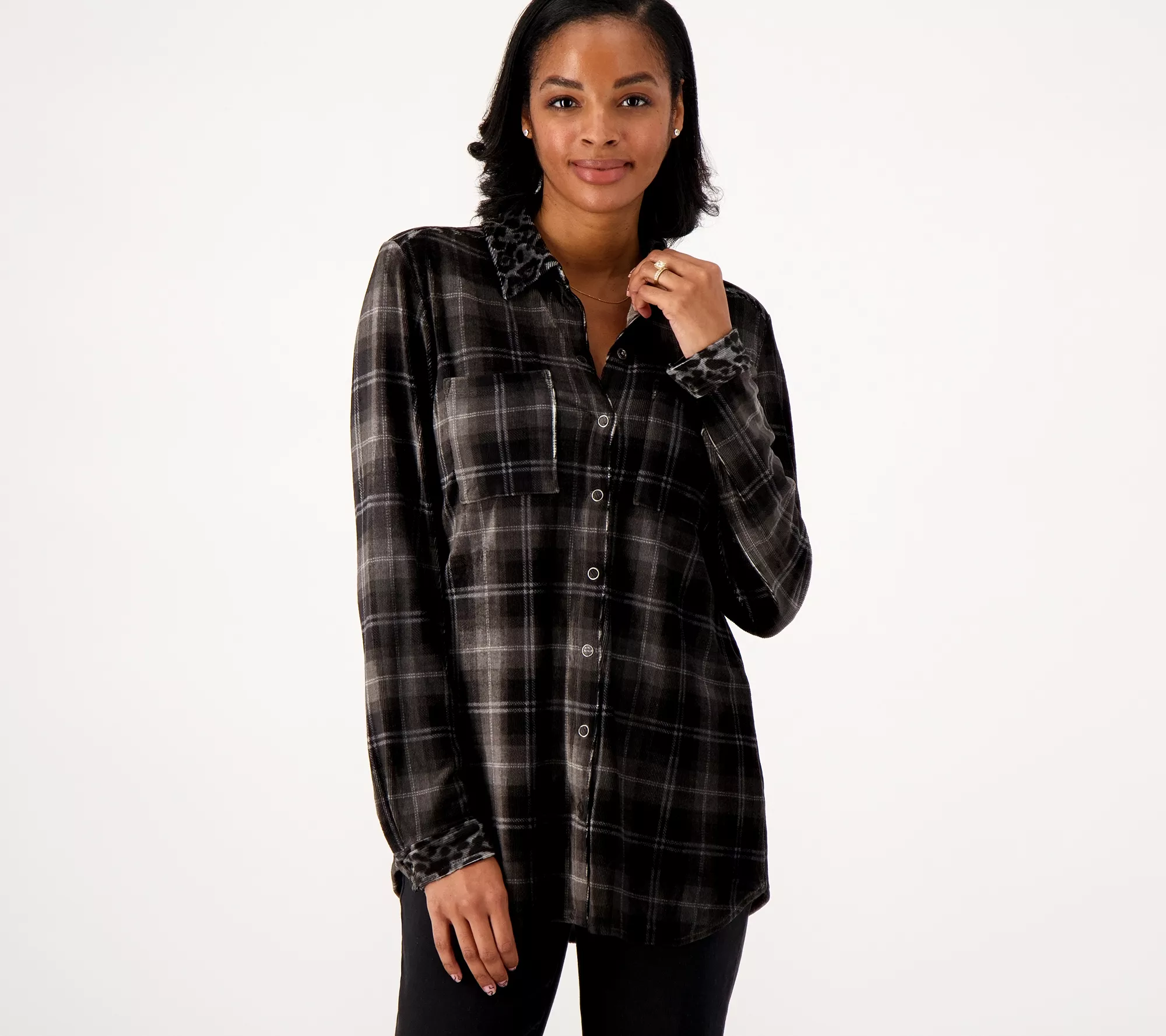 Susan Graver Weekend Regular Plaid Knit Corduroy Tunic Shirt