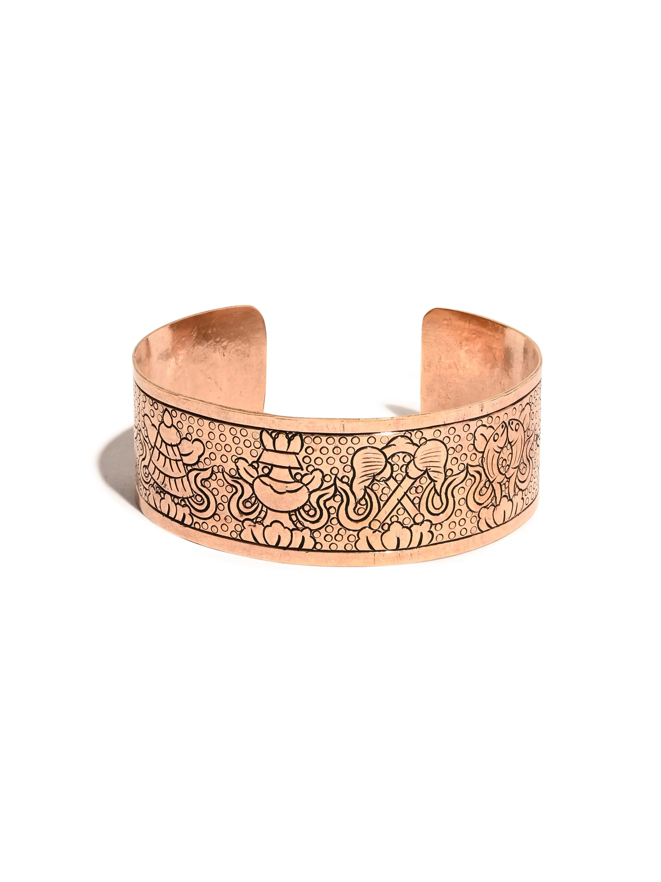 Tibetan Eight Auspicious Symbols Copper Cuff Bracelet - Adjustable